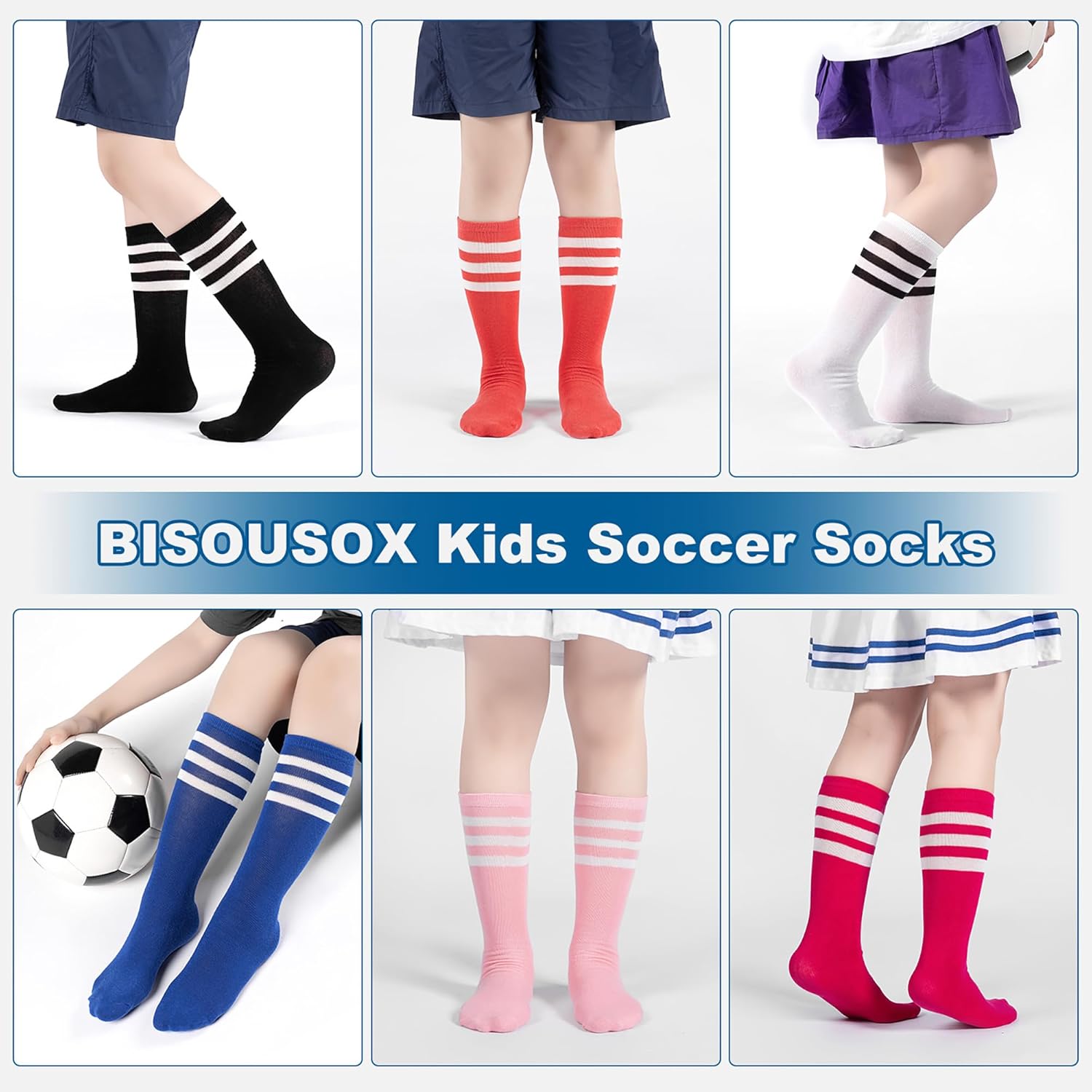 BISOUSOX Soccer Socks Kids Youth Girls Socks 6-8 Years Old Knee High Socks 10 12 Uniform Long Cotton Boys Athletic Stripe - Image 2