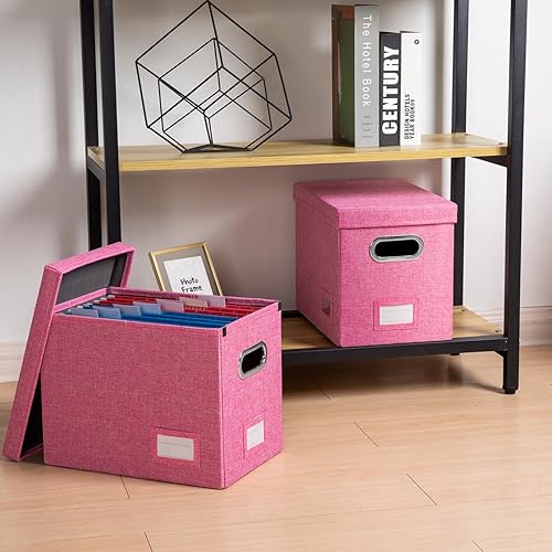 Miniatura 31 de PRANDOM Caja organizadora de archivos, juego de 4 carpetas plegables decorativas de lino para almacenamiento de archivos colgantes con tapas, Gris