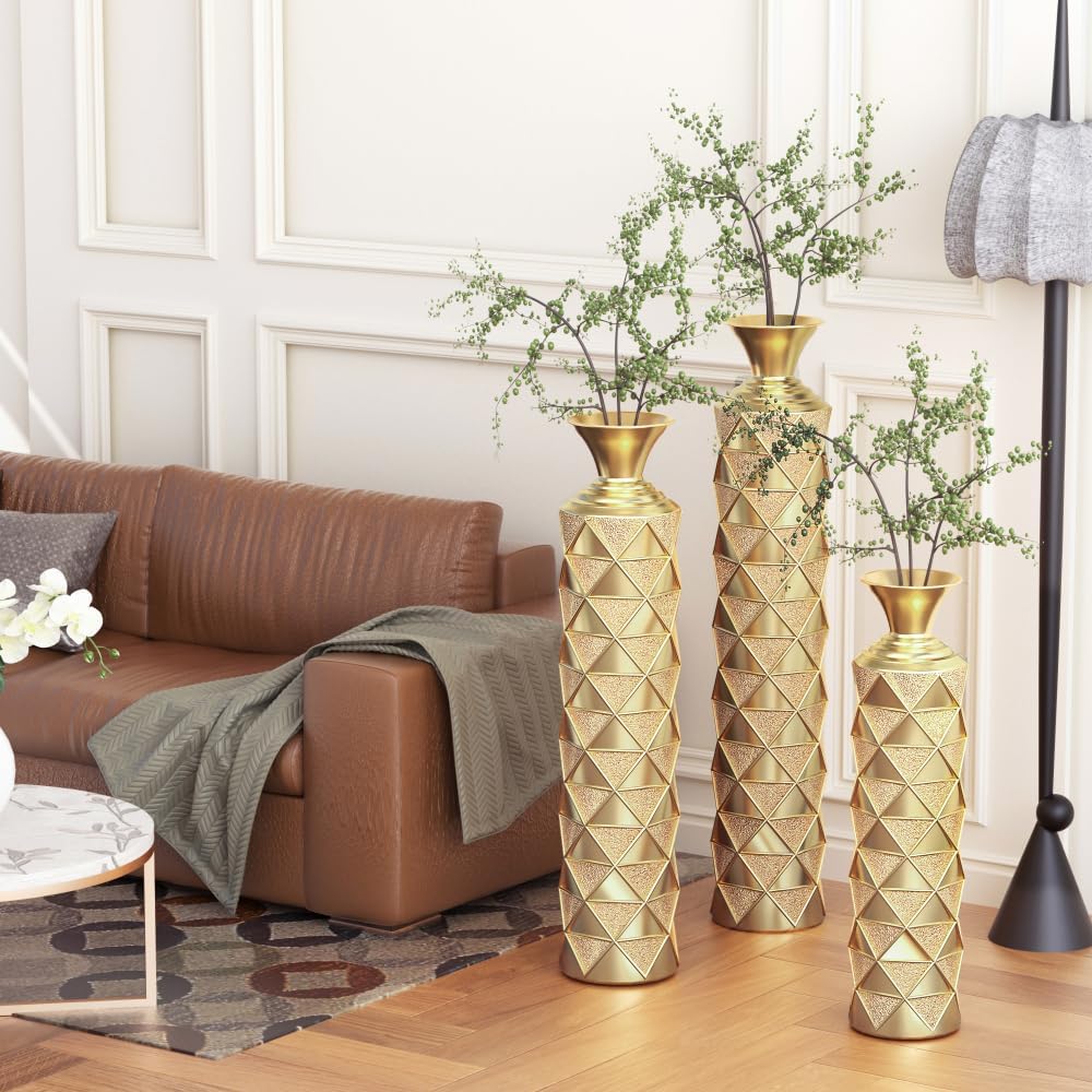 Metal Floor Vases - Large Decorative Set of 3 for Home Decor - Vintage Worn Antique Vases Representing Twigs - Dried Flowers - Gold+33.5/29.5/25.2 inch