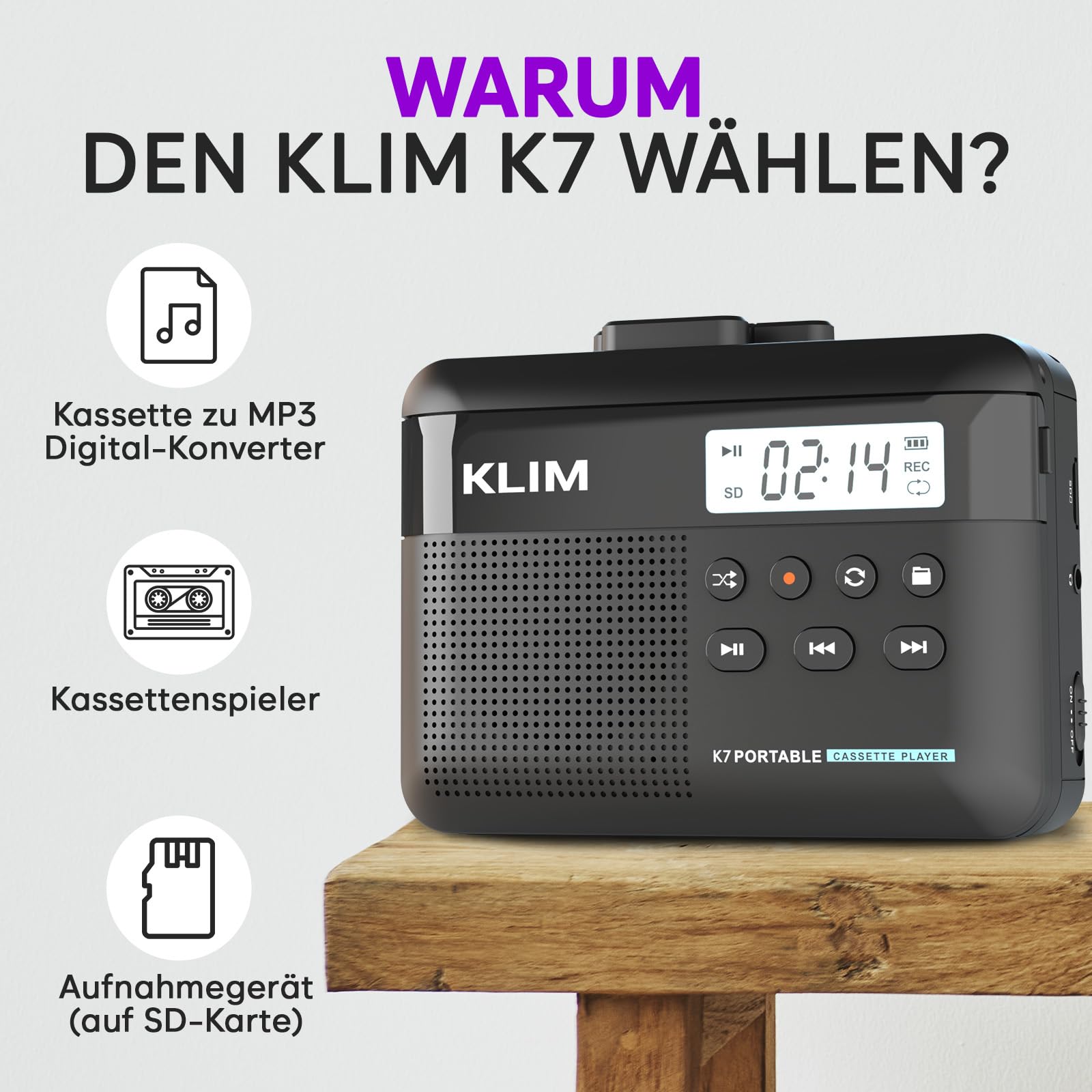 KLIM K7 Kassettenspieler, Kassettenrecorder & MP3 Konverter, Tragbare Kassettenspieler mit integriertem Mikrofon & Lautsprecher, Wiederaufladbar über USB – Inkl. Ohrhörer – 32 GB SD-Karte - Schwarz