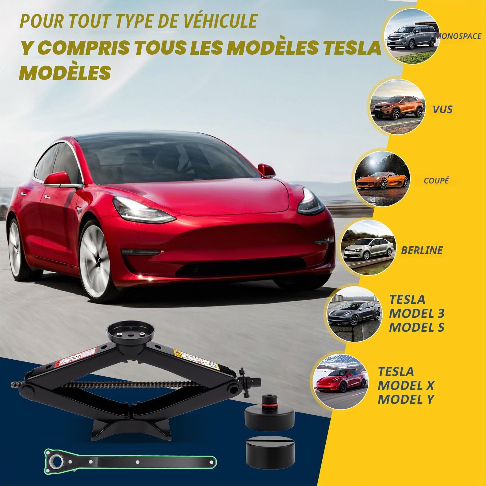 KAOLALI Cric Voiture 3T/3000kg, Universel Crique Voiture pour SUV MPV Tesla | 2 Tampon Caoutchouc, Portable Cric De Levage avec Clé pour Écrous De Roue, Kit Urgence Automobile pour SUV MPV Tesla 3/Y/X/S