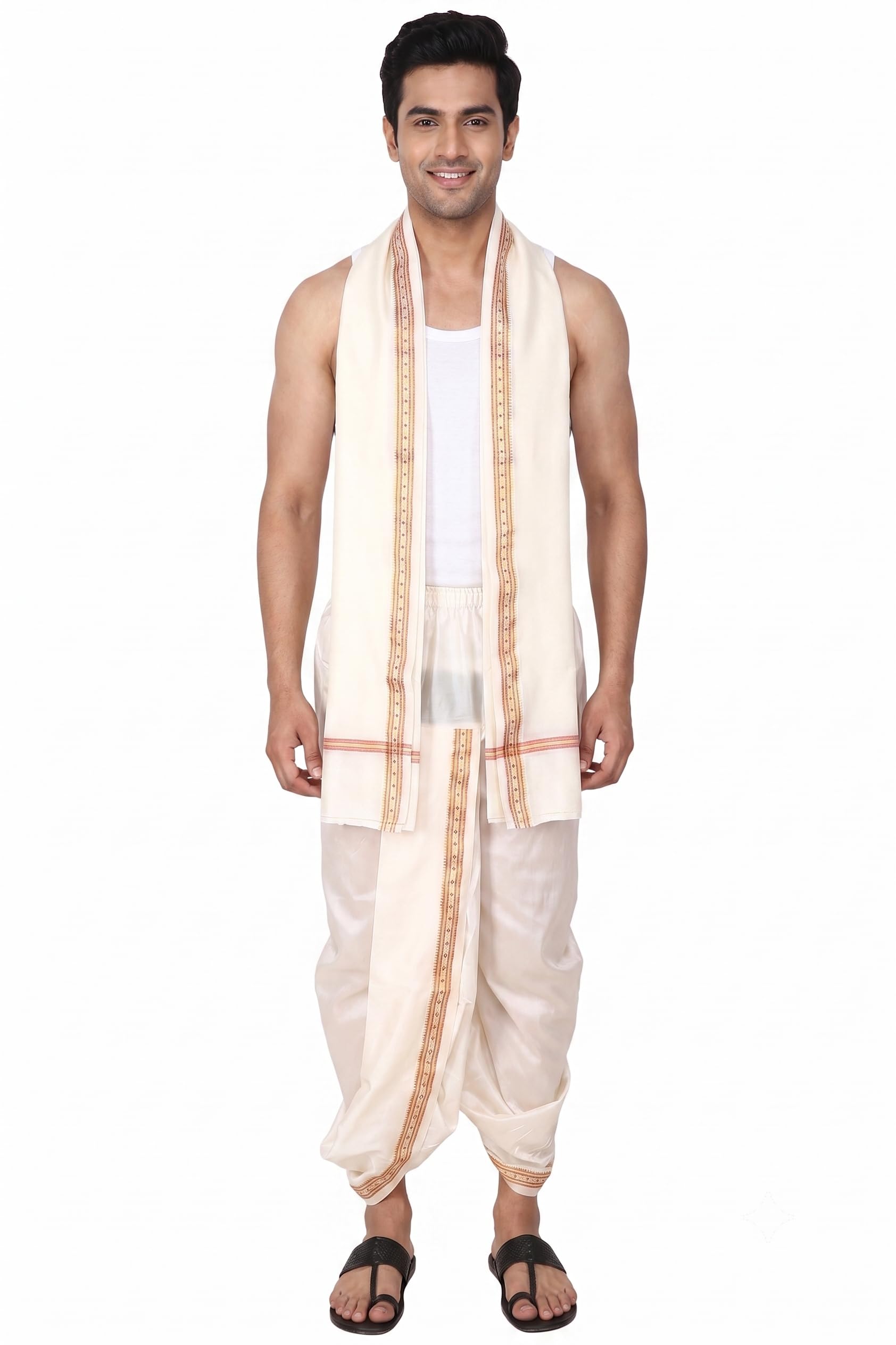 Rameshwaram Fabrics Herren Seide Ready to Wear Dhoti für Männer (fertige Dhoti-Hose mit Dupatta), passend zu Kurta, Einheitsgröße