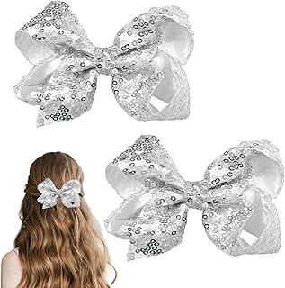 مشابك شعر لامعة على شكل فيونكة للبنات مقاس 10 سم، مشابك شعر كبيرة للأطفال بتصميم فك تمساح لطيف، اكسسوارات شعر لامعة للبنات لأعياد الميلاد وعيد الطفل، قطعتان (فضي)