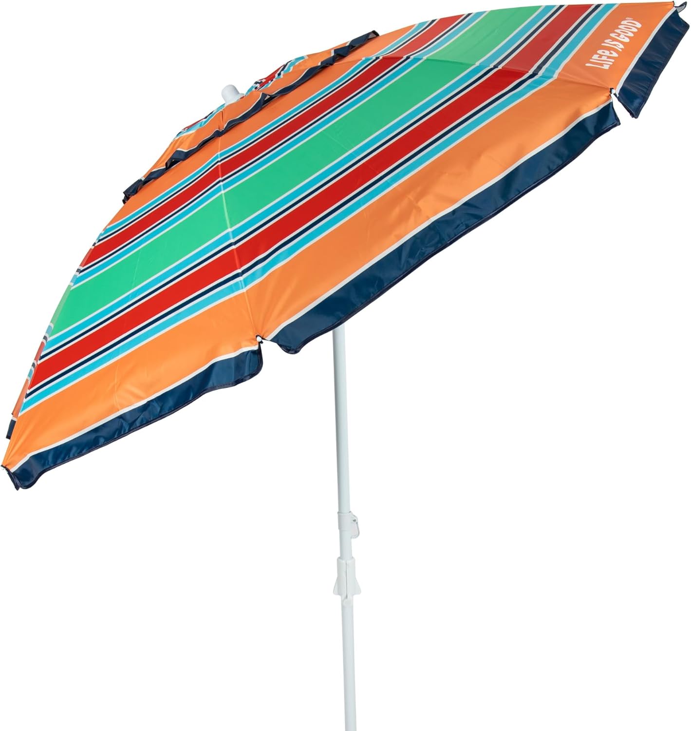 Life is Good 7' Beach Umbrella with Integrated Sand Anchor, Carry Bag, UPF 50+ Protection, Portable Outdoor Tilting Sunshade, Stripe