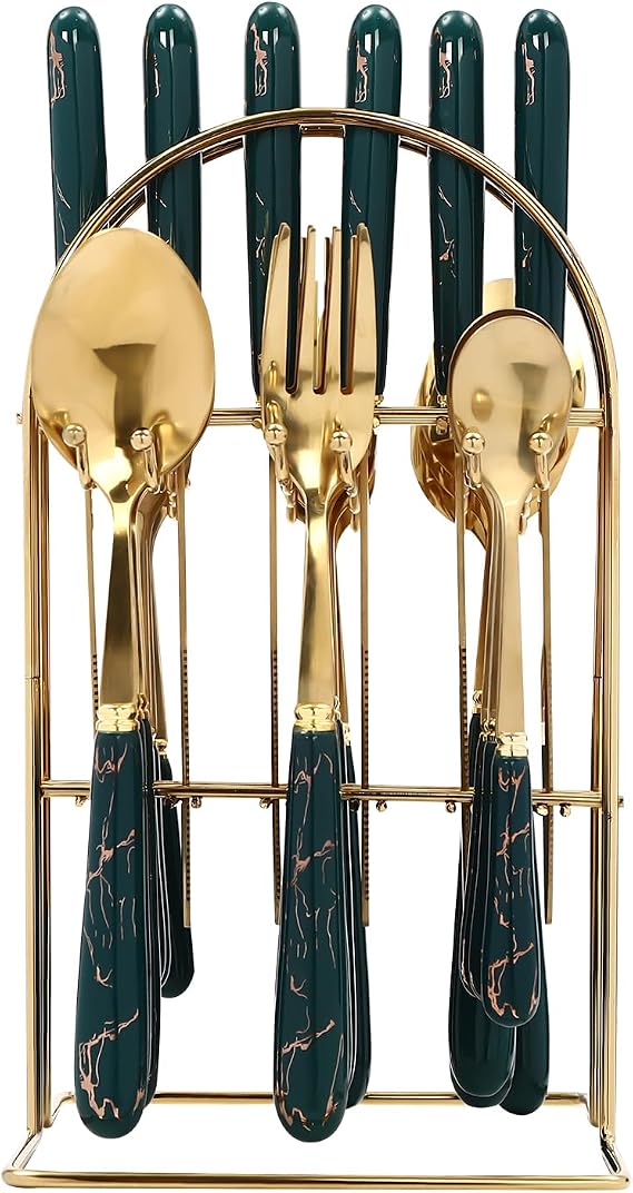 24 Piece Flatware Set with Stand for 6 People Stainless Steel Cutlery Set with Silverware Holder, Spoons, Forks, and Knives Hanging Flatware Set Reusable Easy Clean