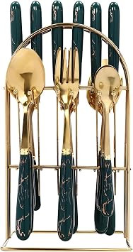 24 Piece Flatware Set with Stand for 6 People Stainless Steel Cutlery Set with Silverware Holder, Spoons, Forks, and Knives Hanging Flatware Set Reusable Easy Clean
