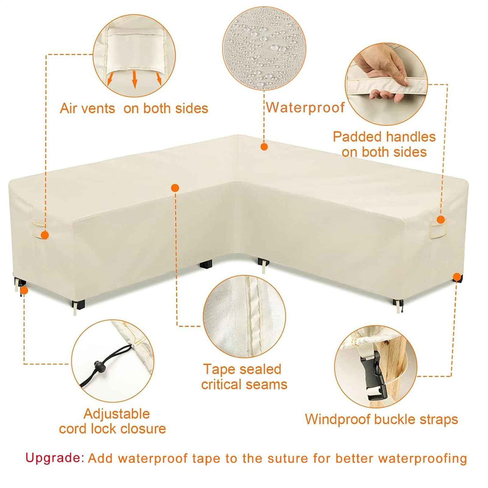 Copertura Divano Esterno A L, Impermeabile Copertura Divano a Forma di V, 420D Copridivano Angolare Esterno, Coperture per Divani da Giardino, Anti-vento, Anti-UV (270x270x90cm,Bianco)