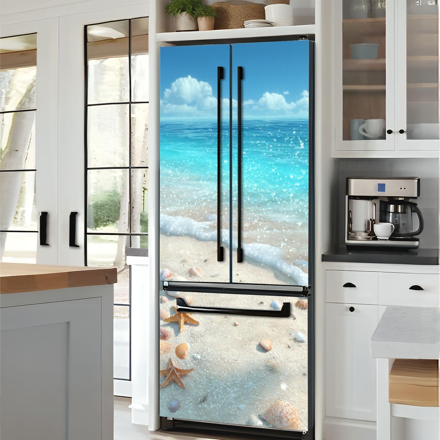 Self Adhesive Vinyl Refrigerator Wrap Wide Angle Coastal Print Shells Starfish Reflections Door Mural Sticker Peel and Stick Removable Door Cover Fridge Wrap Decal for Kitchen Decor