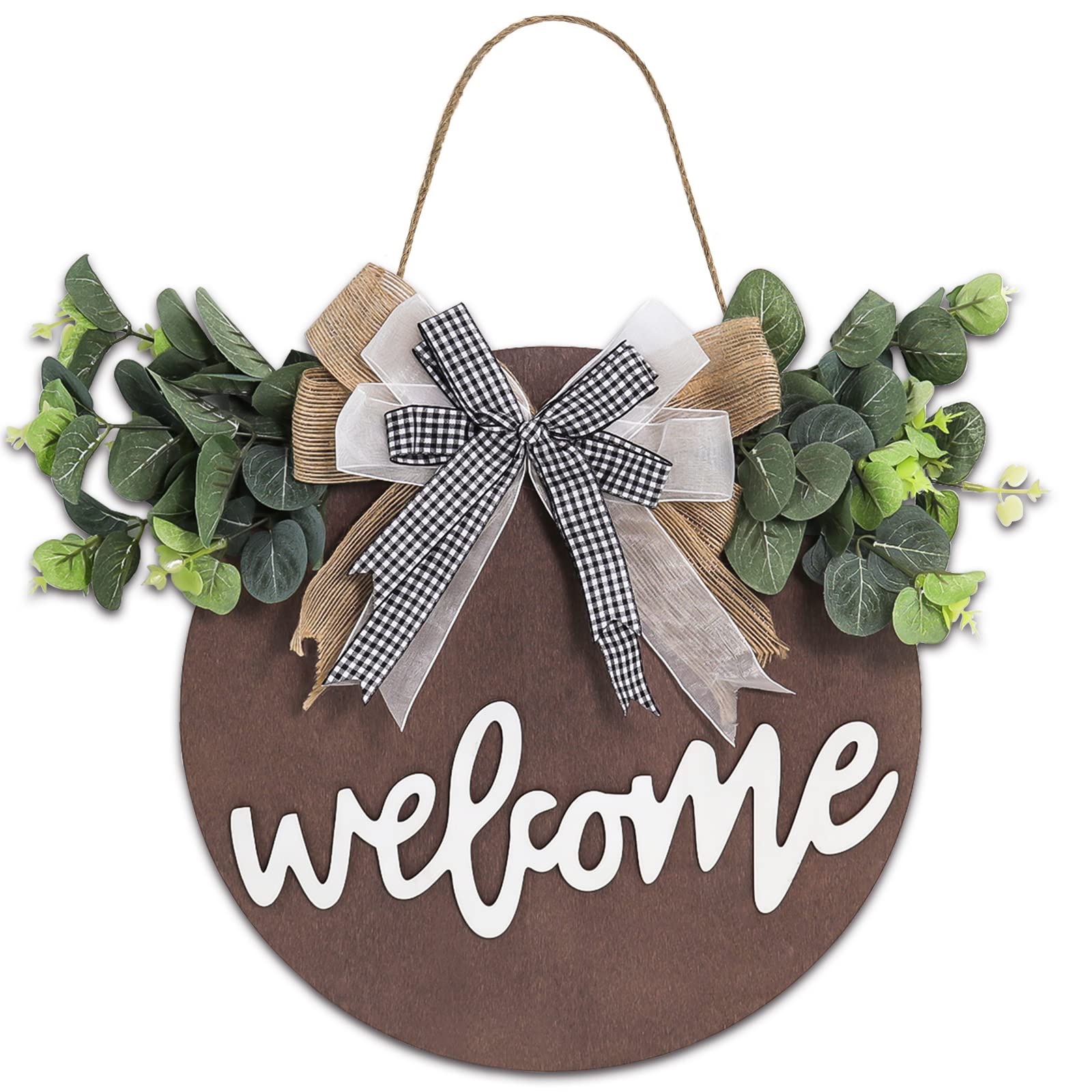 Consine Black Welcome Sign for Front Door, Rustic Front Porch Decor, 12 inch Round Wooden Hanging Board with Bow and Eucalyptus, Decoration for Outdoor, Yard, Garden, Farmhouse