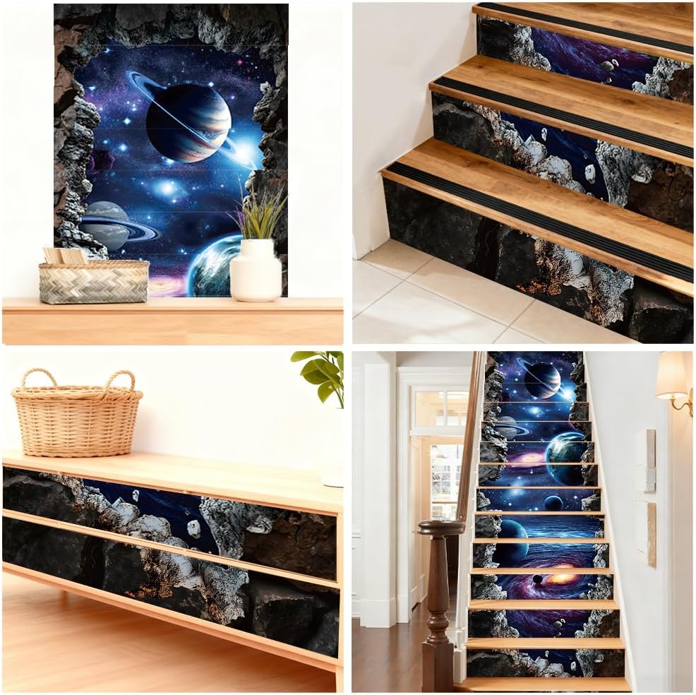 Hpbbspring 15Pcs Staircase Stickers Galaxy Space Planet Tile Stickers Beauiful Universe Self-Adhesive Water Proof Staircase Decor for Steps Garden Coffee Pubs 39.3" W x 7.08" H