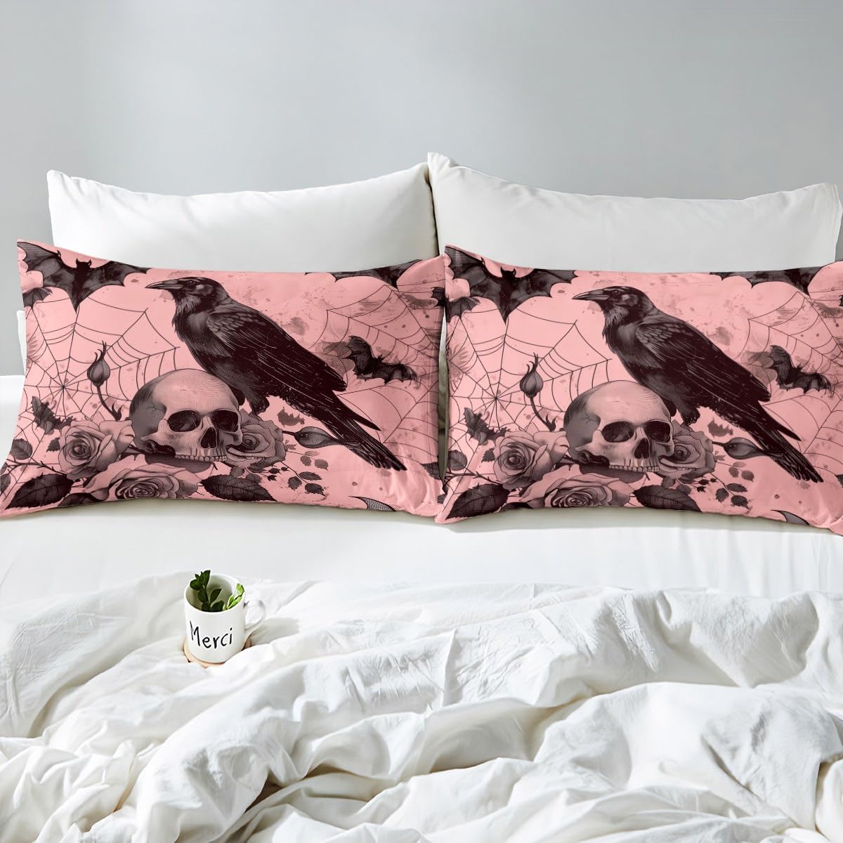 Erosebridal Crow Fitted Sheet Full Size Spider Web Bed Sheets Cobwebs Sugar Skull Skeleton Bats Rose Floral Flowers Pink Bed Set Halloween Women Deep Pocket Sheets