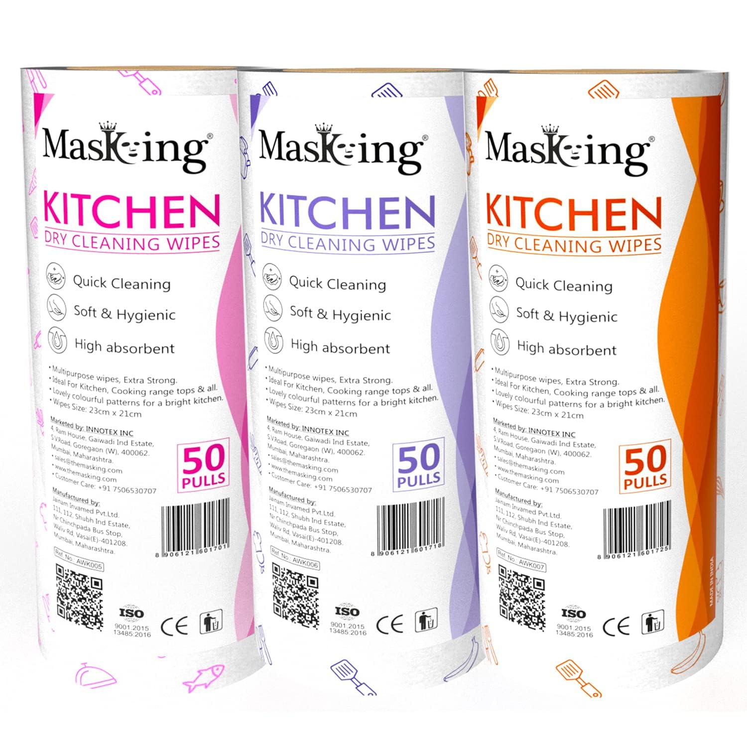 MasKing Nonwoven Kitchen Wipe Towel Tissue Paper Roll Reusable washable Multi-Purpose Dry Cleaning roll 240 Wipe in Multicolor Green, Pink and Blue 80 Wipe Each (Combo Pack of 03)-image-30