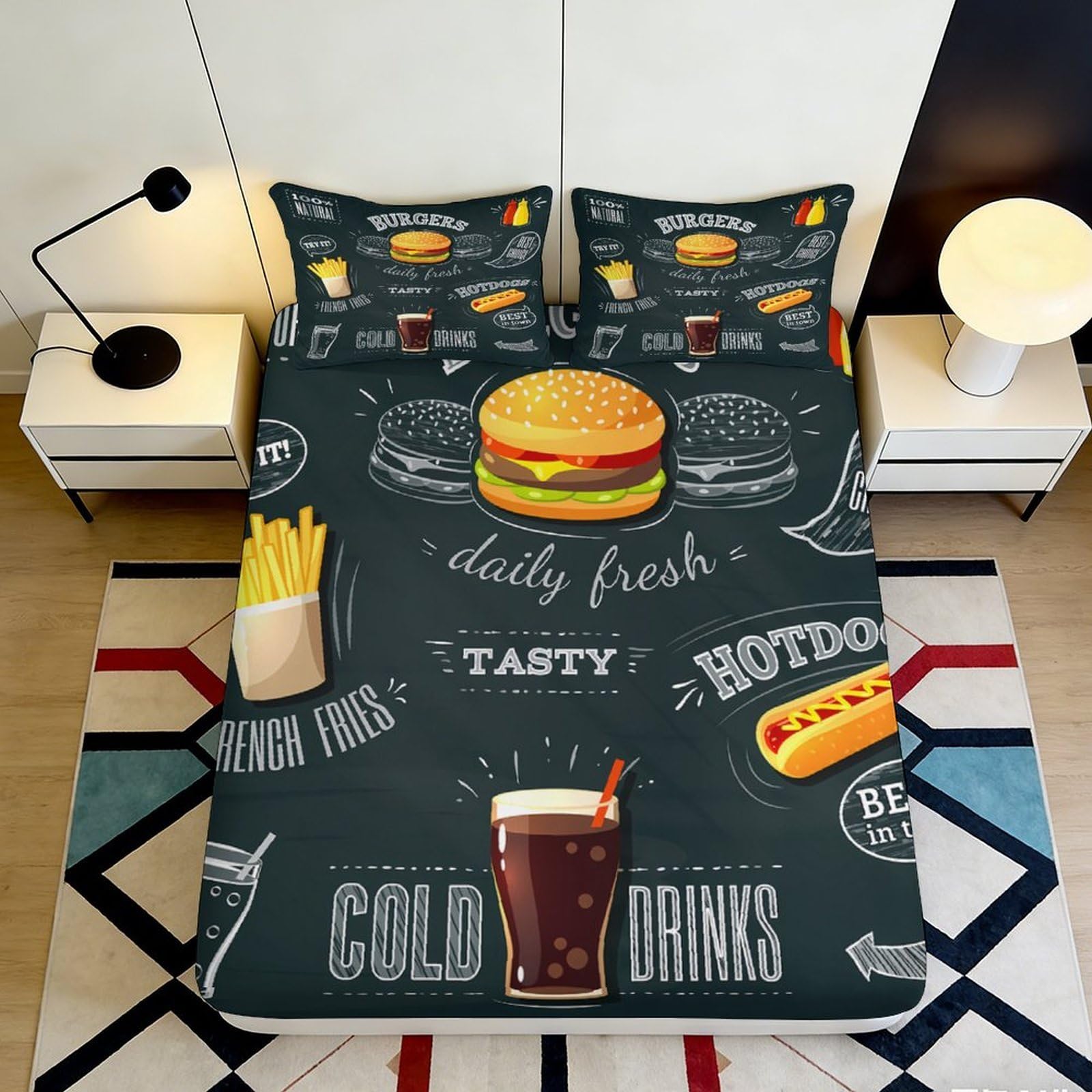 3D Printed Fast Food Fitted Sheet Microfiber Soft Burger Fries Bed Cover for Bedroom Dorm Mattress Protection Decor 90x200x25cm