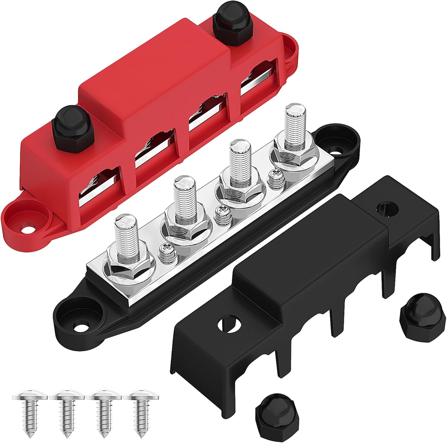 Joinfworld Bus Bar 12V 250A Power Distribution Block 4 x 3/8" Studs 12 Volt Automotive Marine Battery Busbar Terminal Block with Cover - Negative&Positive