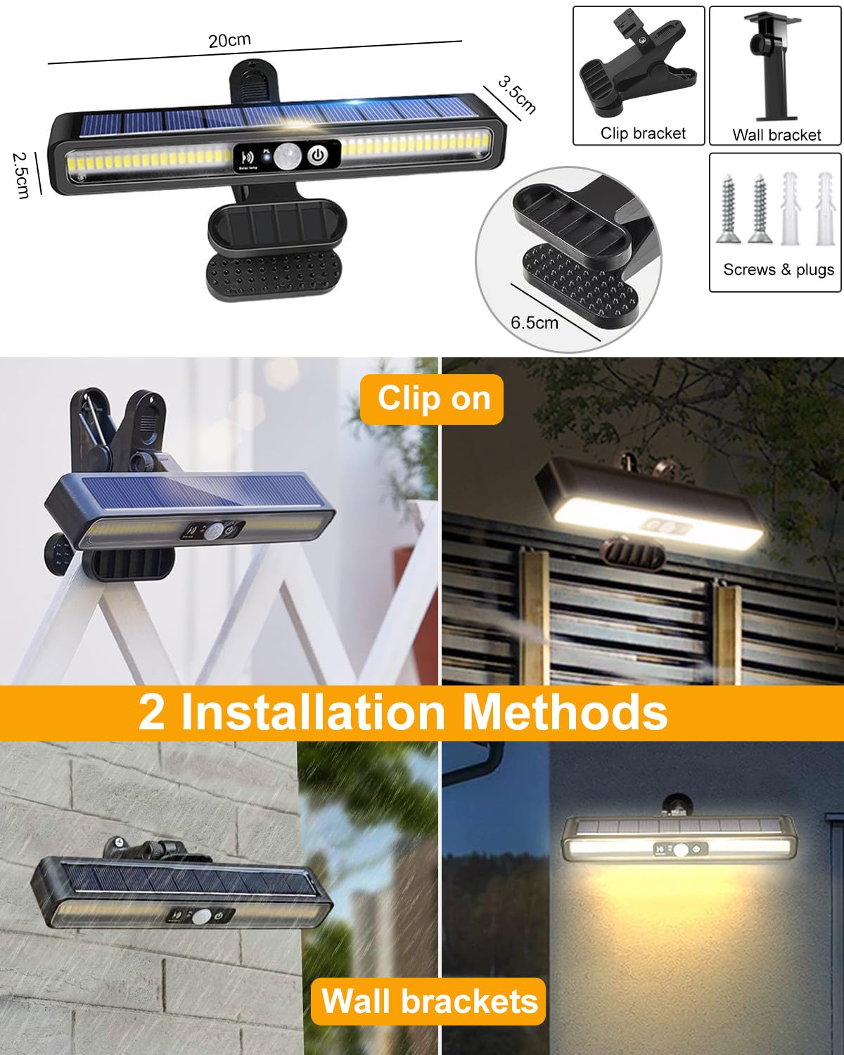 Solarlampen für Außen, 2 Stück Clip-on Solarleuchte mit Bewegungsmelder, 3 Modi LED Solarleuchten für Außen, IP65 Wasserdichte Solar Light für Garten Zäune Dachrinnen Warmes Licht Beleuchtung