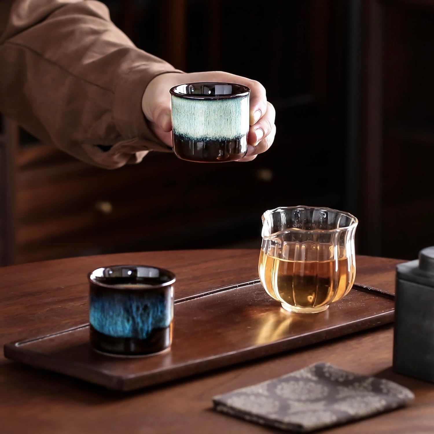 Japanese Tea Cups Set of 6, Ceramic Teacups, Chinese Tea Cups for Hot Tea or Coffee, Demitasse Cups 2.5 Ounces Coffee Mugs (mixed exterior)