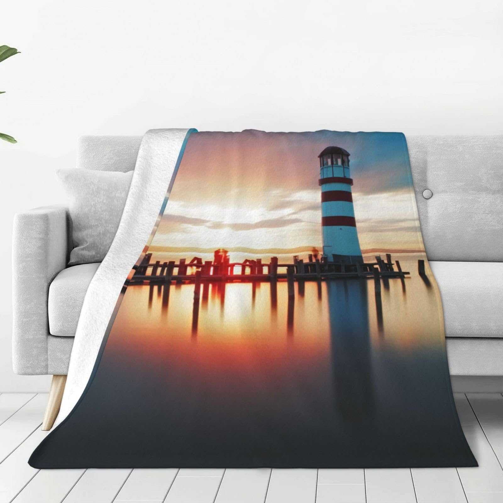 Couverture polaire phare de mer en flanelle douce pour lit et canapé 203x152 cm