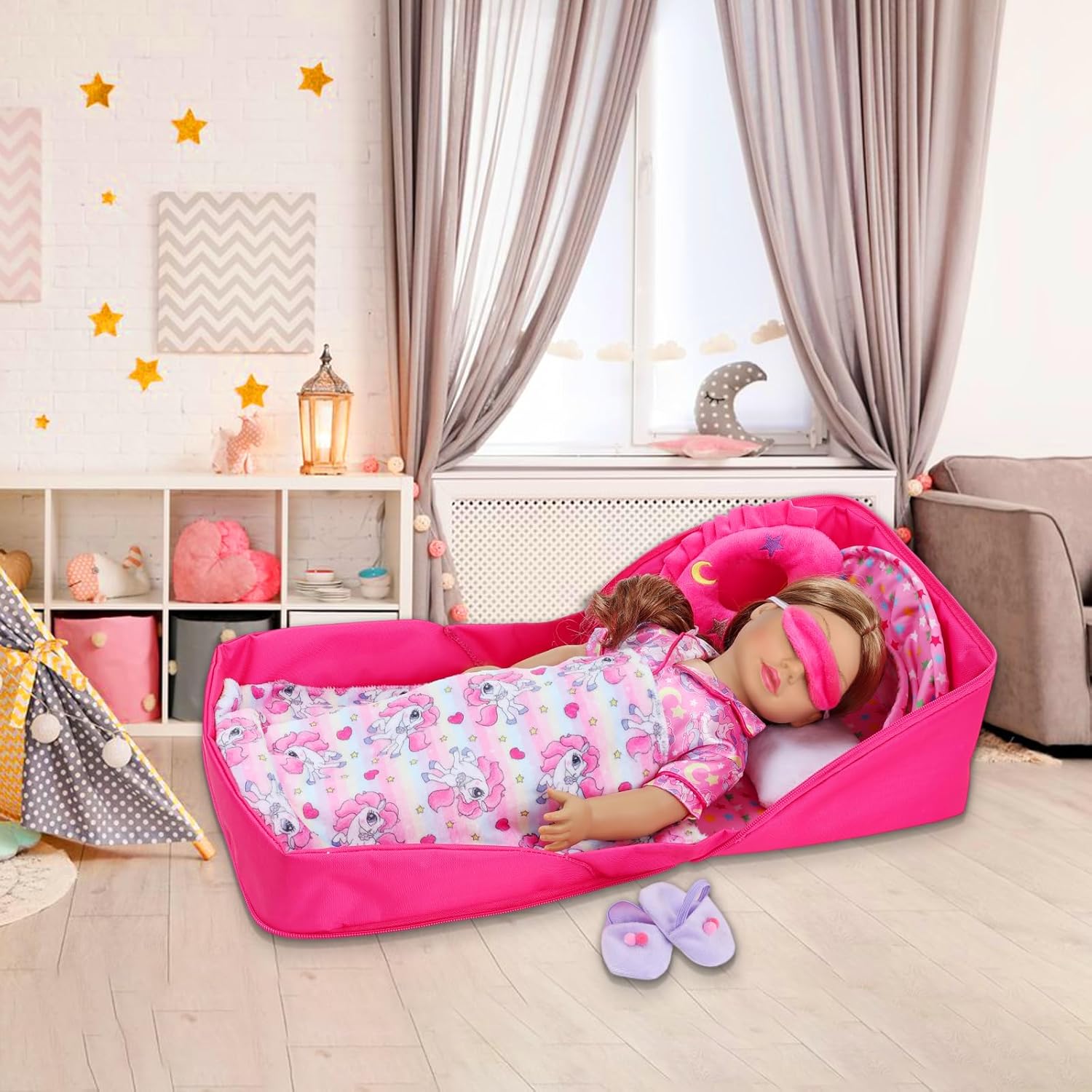 ZITA ELEMENT American Doll Travel Case Shoulder Bag for 18 Inch Dolls Accessories Set - Portable Bassinet with Rainbow Pony Handbag for Girl - Pillow Eye Mask Playset (Dolls Not Included)