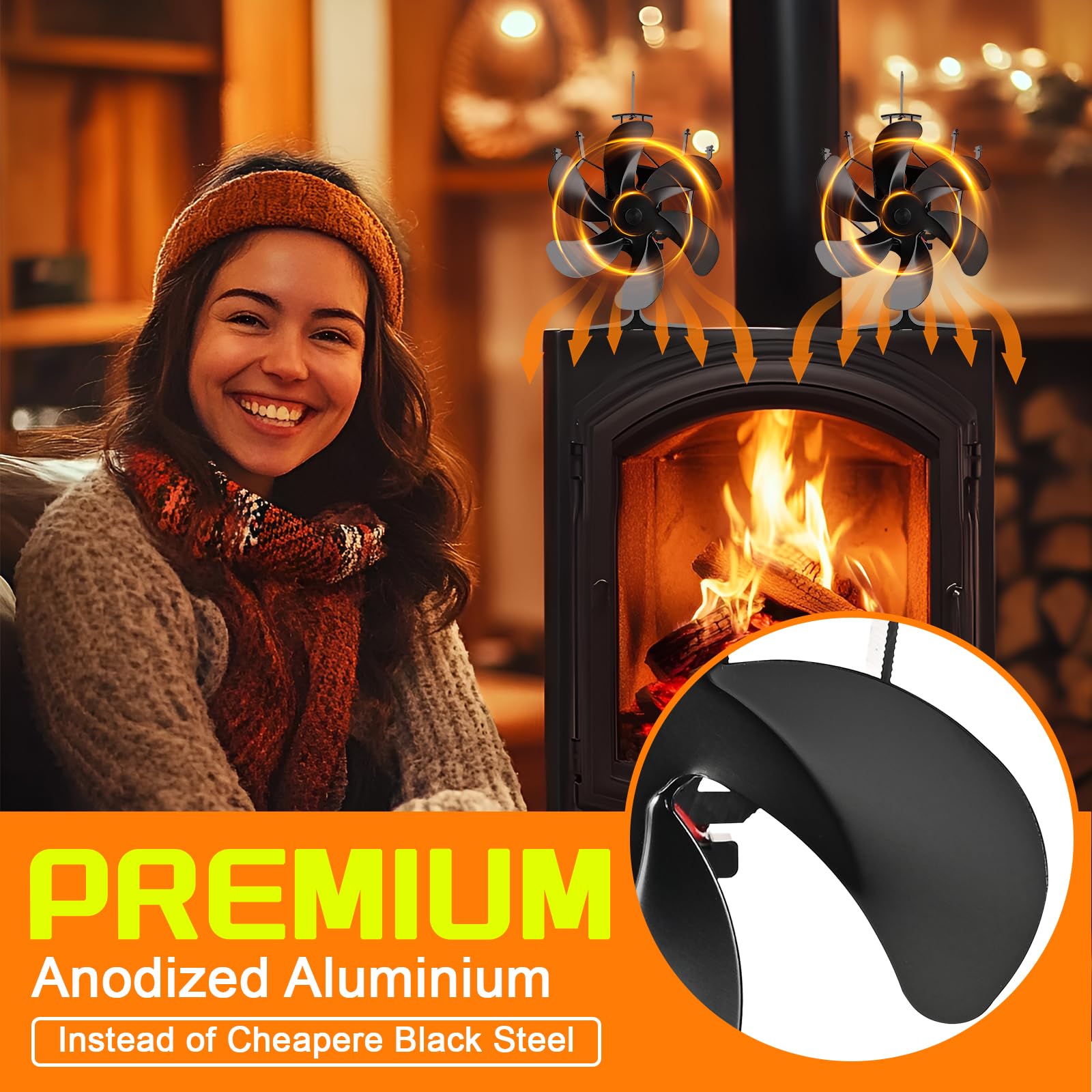 Kaminventilator, 6 Flügel-Ofenventilator Stromloser Leiser Betrieb, Wärmebetriebener Ventilator mit Thermometer, Kaminöfen Ohne Strom Hitzebetrieben Kamin Ventilator für Holz/Holzbrenner/Kamin Erhöht…