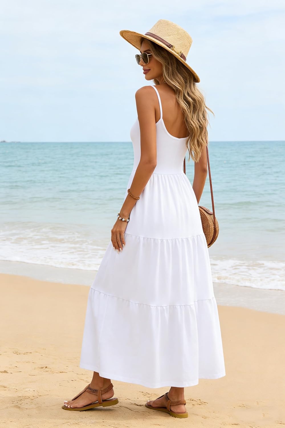 Halife Womens Flowy Tiered Maxi Dress Sleeveless Summer Sundresses Adjustable Straps Long Beach Sun Dresses with Pockets