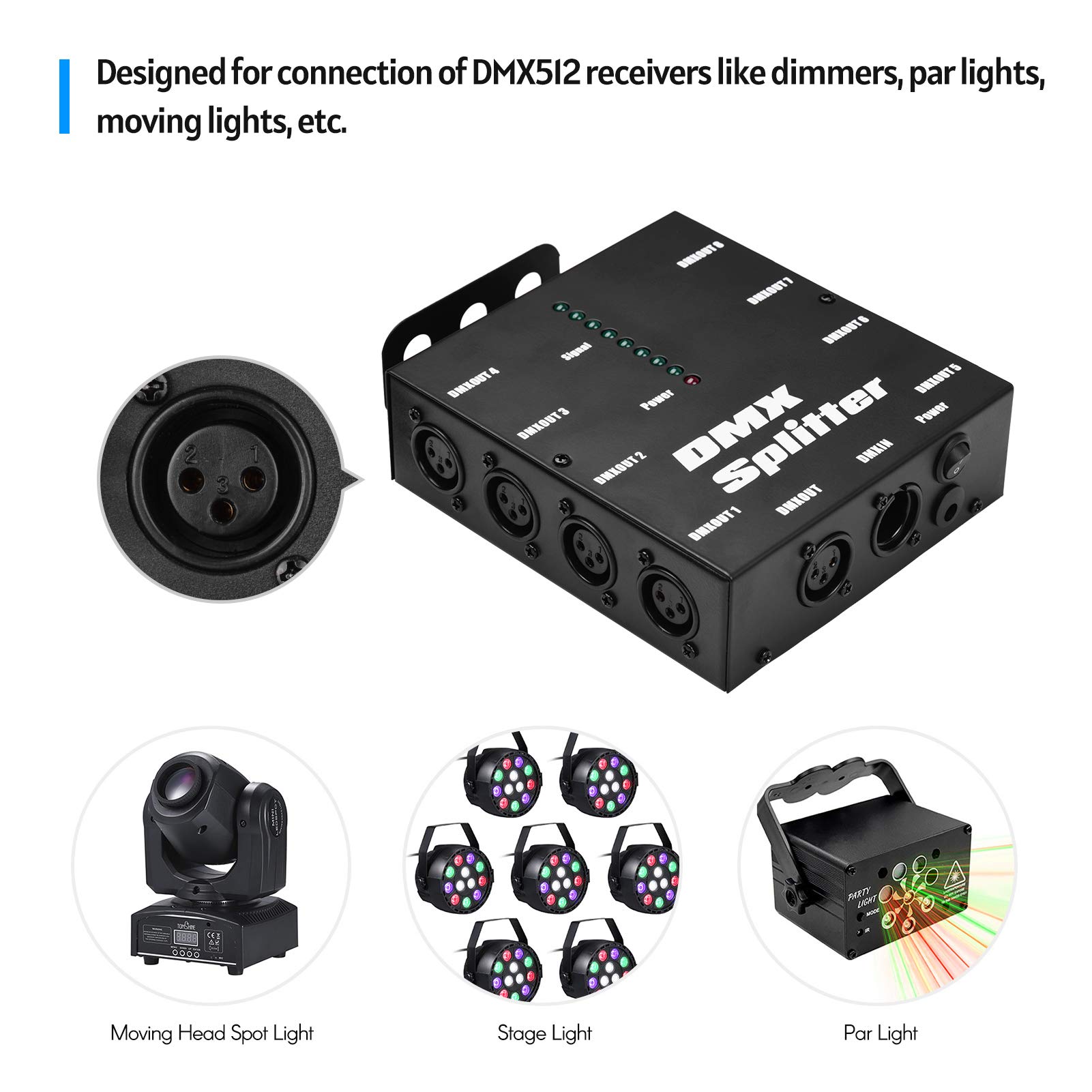 HUIOP Splitter DMX512 Amplificatore di segnale ottico Spliter Distributore 1 Ingresso e uscita diretti 8 Uscite indipendenti per controller luci Console da palco Festa DJ Club Disco KTV Luce
