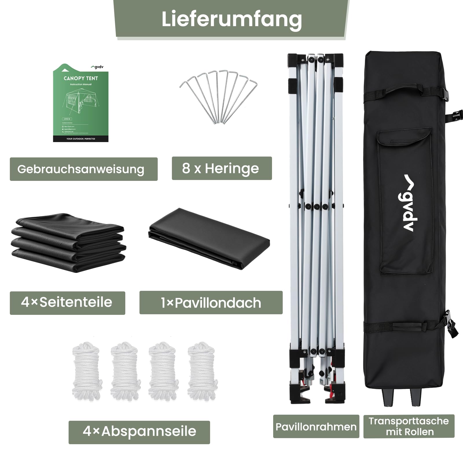 GVDV Pavillon 3x3 Pop Up Wasserdicht mit 4 Seitenteilen, Rollentasche | UPF 50+, PU-beschichtetes Dach, Dachlüfter, höhenverstellbar, inkl. Gewichte, Heringe und Abspannseile, Winterfest, Schwarz