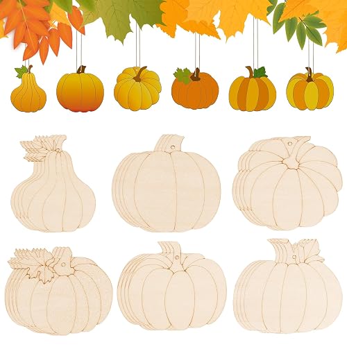 24 PCS Unfinished Wooden Fall Crafts, Pumpkin Shaped Hanging Ornaments