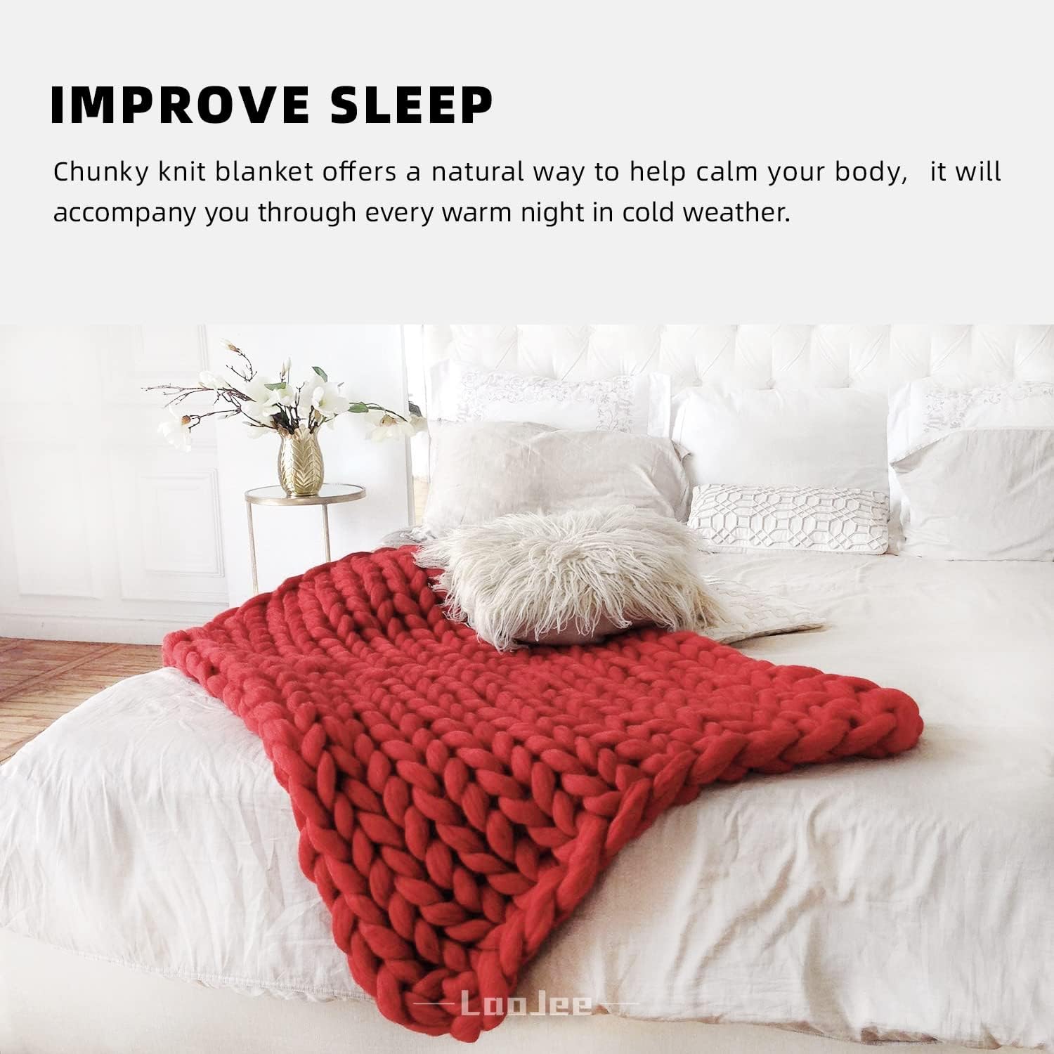LaoJee Chunky Knit Blanket Merino Wool Blend Handmade Soft Bulky Throw Sofa Chair Home Decor Giant Yarn,Red,60"x60"
