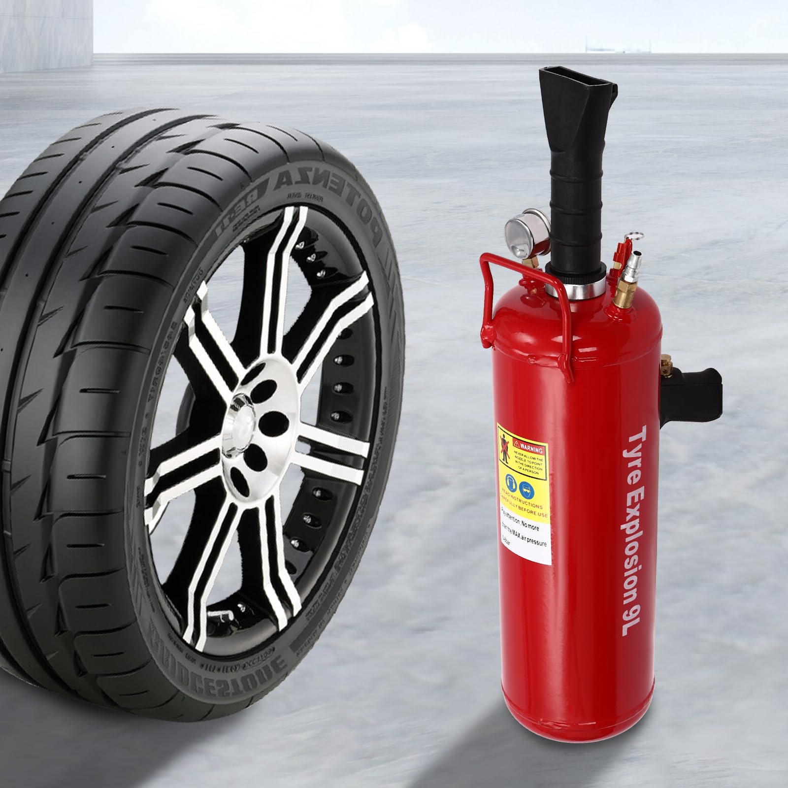 Inflador de neumáticos con medidor para motocicletas y vehículos eléctricos - Capacidad de 2 galones - Presión de trabajo 6-8 bar - Material de hierro rojo - Manómetro y asa de transporte