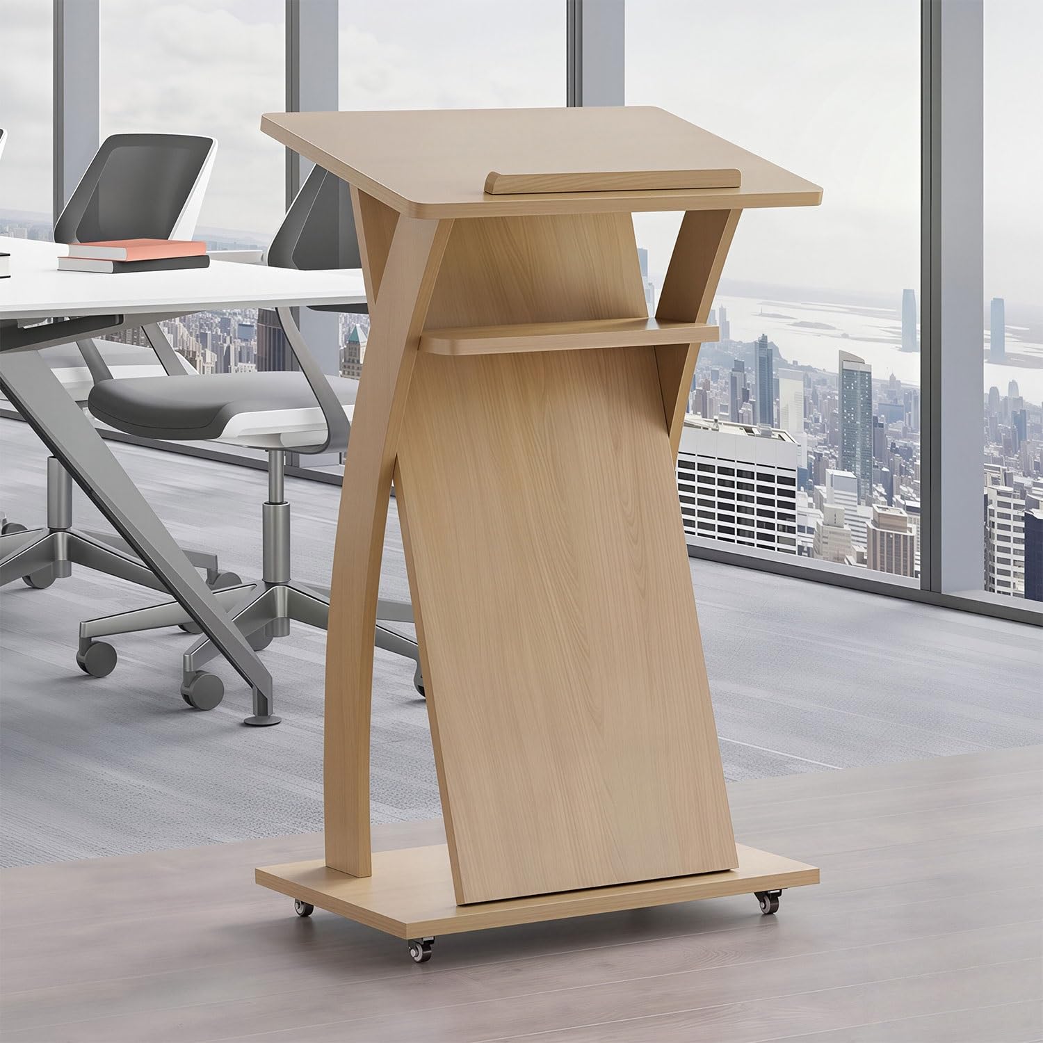 Mobiles Rednerpult aus Holz Modernes Rednerpult mit Rollen Einfacher Aufbau Geeignet for Büros, Kirchen, Klassenzimmer, Konferenzräume(Beige)