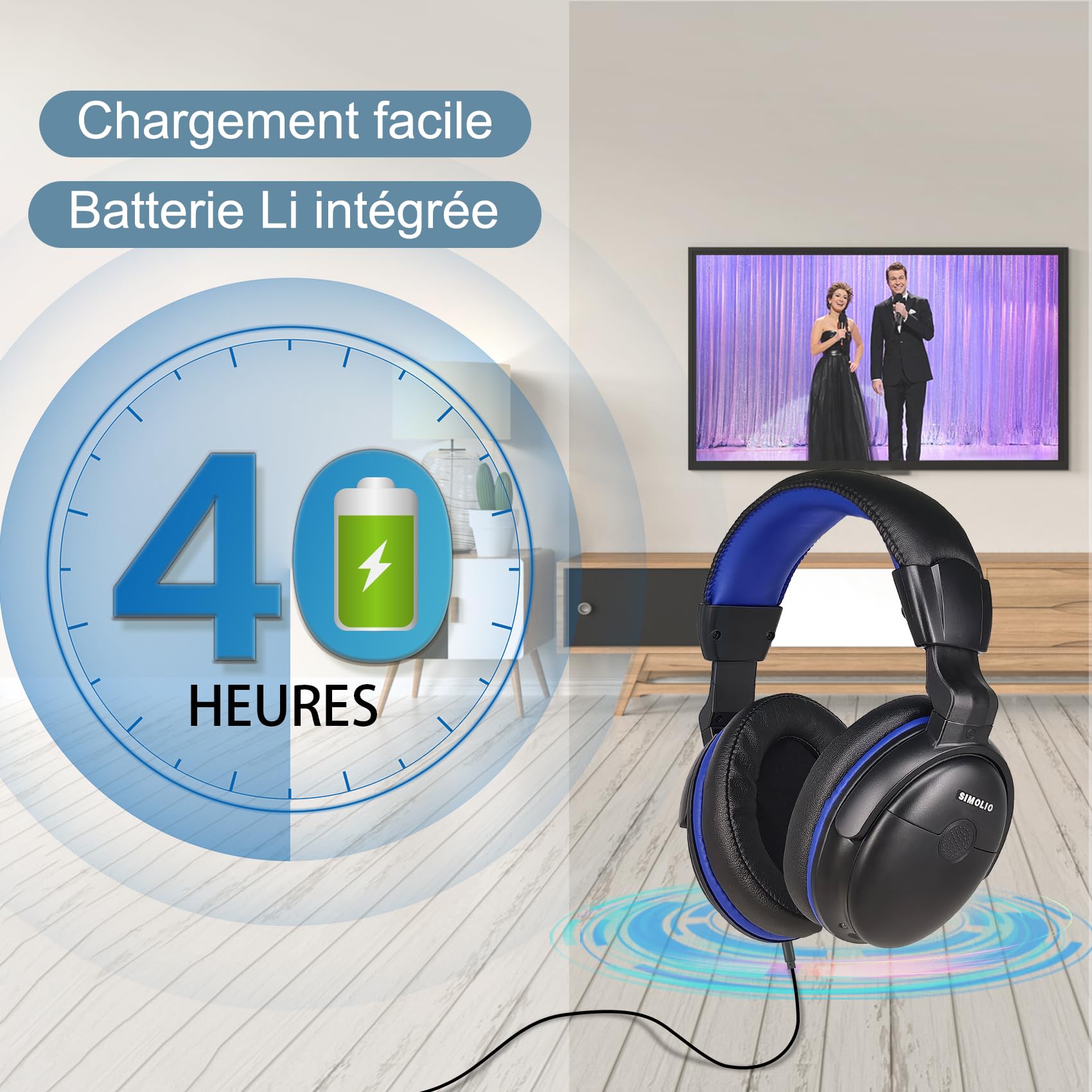 SIMOLIO Casque Circum Auriculaire Filaire pour TV, Son Amplifié,Long Cordon | Dialogues Clairs, Micro, Câble Spiralé Long 5,5 m, Casque TV avec Fil pour Seniors avec Réglage Volume & Clip, Autonomie 40 h