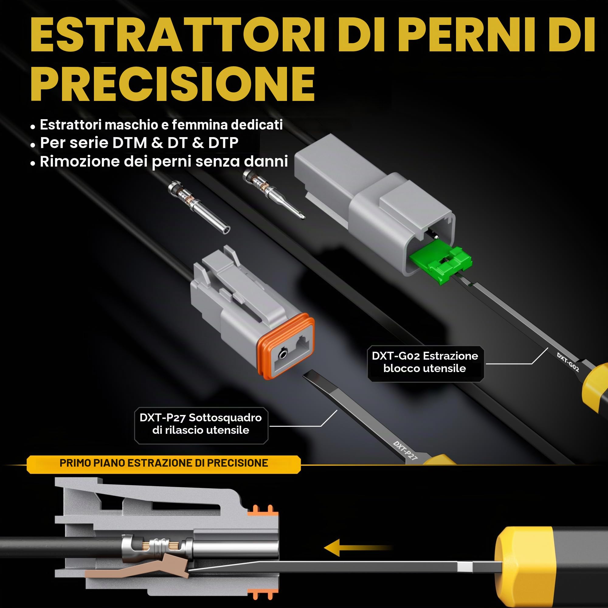 DxCRIMP Kit Pinza Crimpatrice per Connettori Serie DT, Connettori Impermeabili 2-6 Pin, Contatti Stampati (22–14AWG/0,34-2,5mm²), Cricchetto e Utensili Rimozione Auto Barca, Compatibile con Deutsch DT