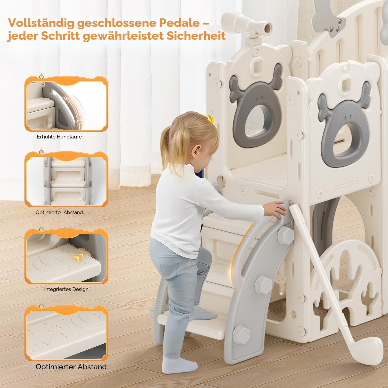 Kinderrutsche 7 in 1 extralange Rutschbahn freistehend mit Basketballkorb Kleinkindklettergerüst Montessori Spielset Beige Grau