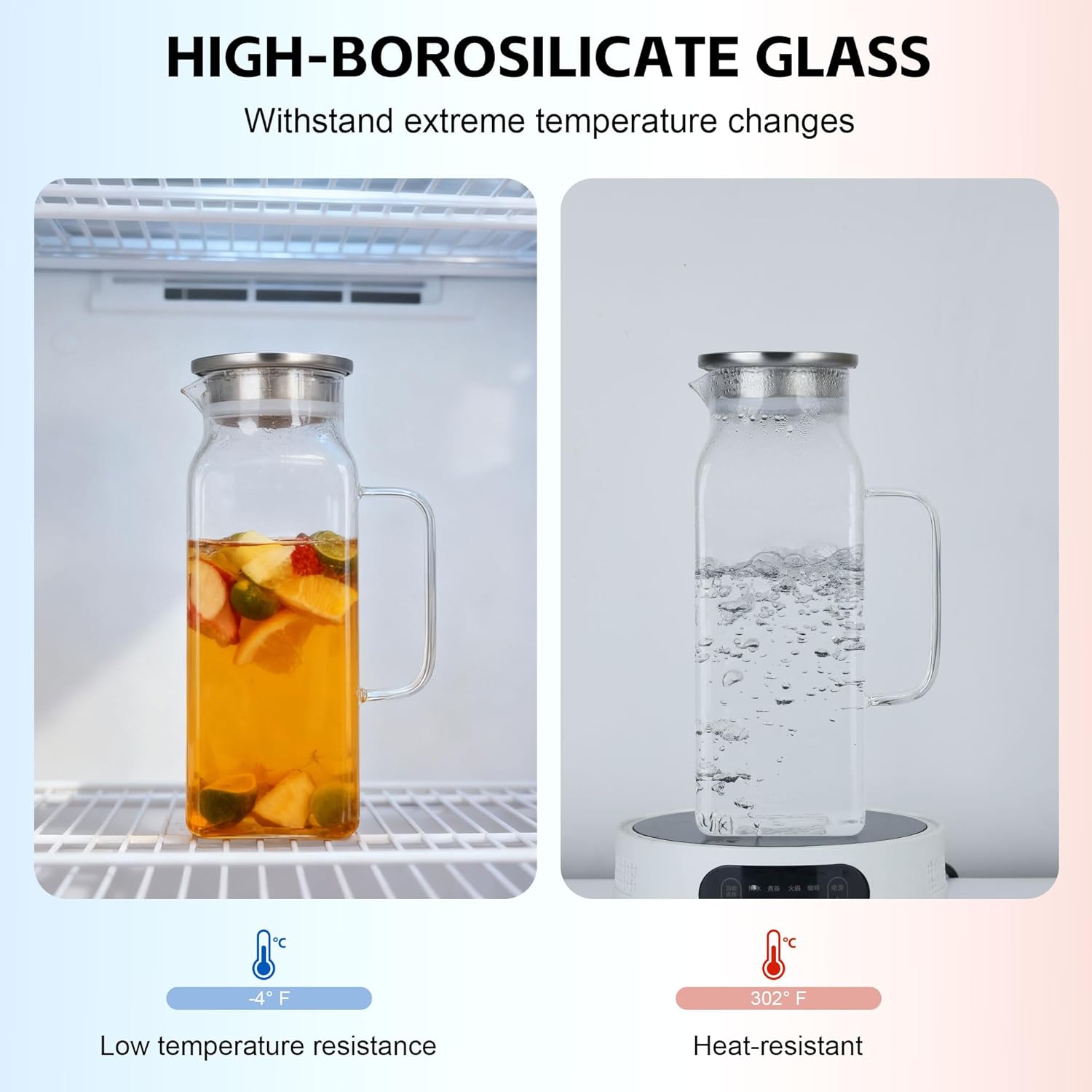 2 Pack 2 Liters/68 oz Square Glass Pitchers With Handle and Lid, Borosilicate Heat Resistant Water Jug, Modern Carafe for Hot Tea, Cold Brew and Milk, Unique Mother's Day Anniversary or Birthday Gift