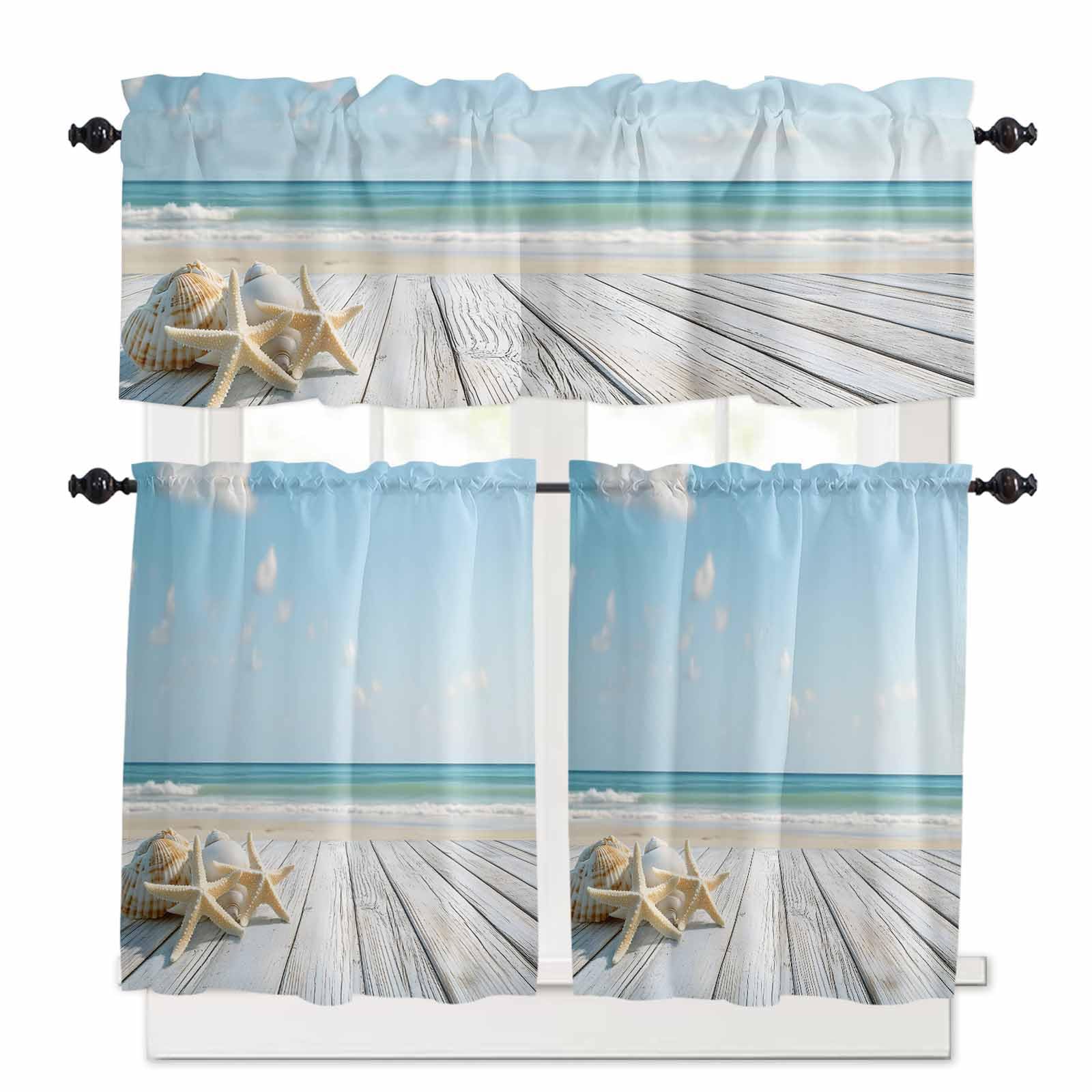 Summer Beach Kitchen Curtains 24 Inch Length,3 Piece Rod Pocket Small Half Tiers and Valance Set,Ocean Coastal Starfish Seashells Blue Sky Small Large Window Treatment Decor for Bedroom/Bathroom Sink