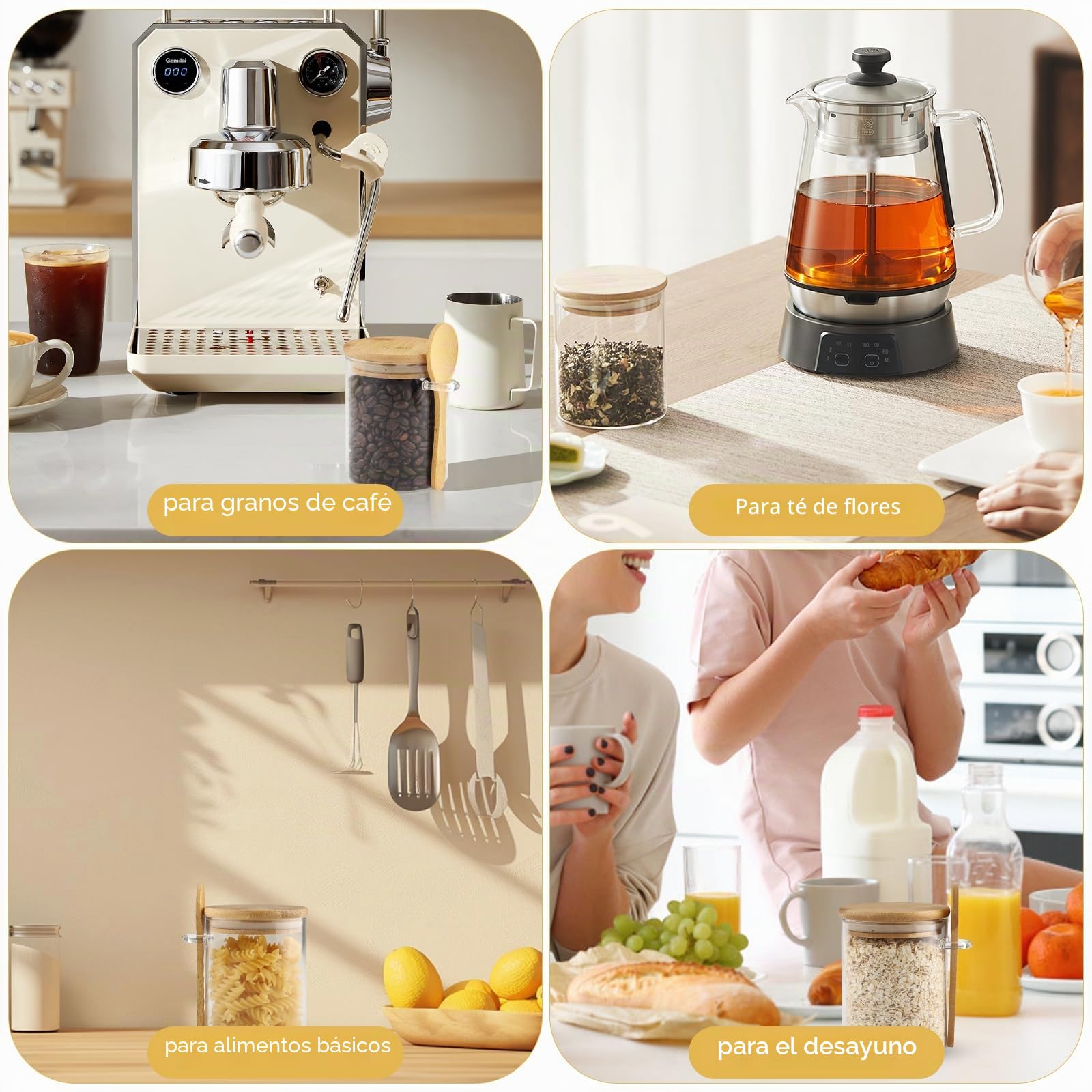 Tarros de Vidrio con Tapa Hermética Cuchara,4 Piezas 500ML Tarros de Cristal con Tapa Hermética y Cuchara Botes de Cristal de Cocina para Café té Azúcar Especias Cereales