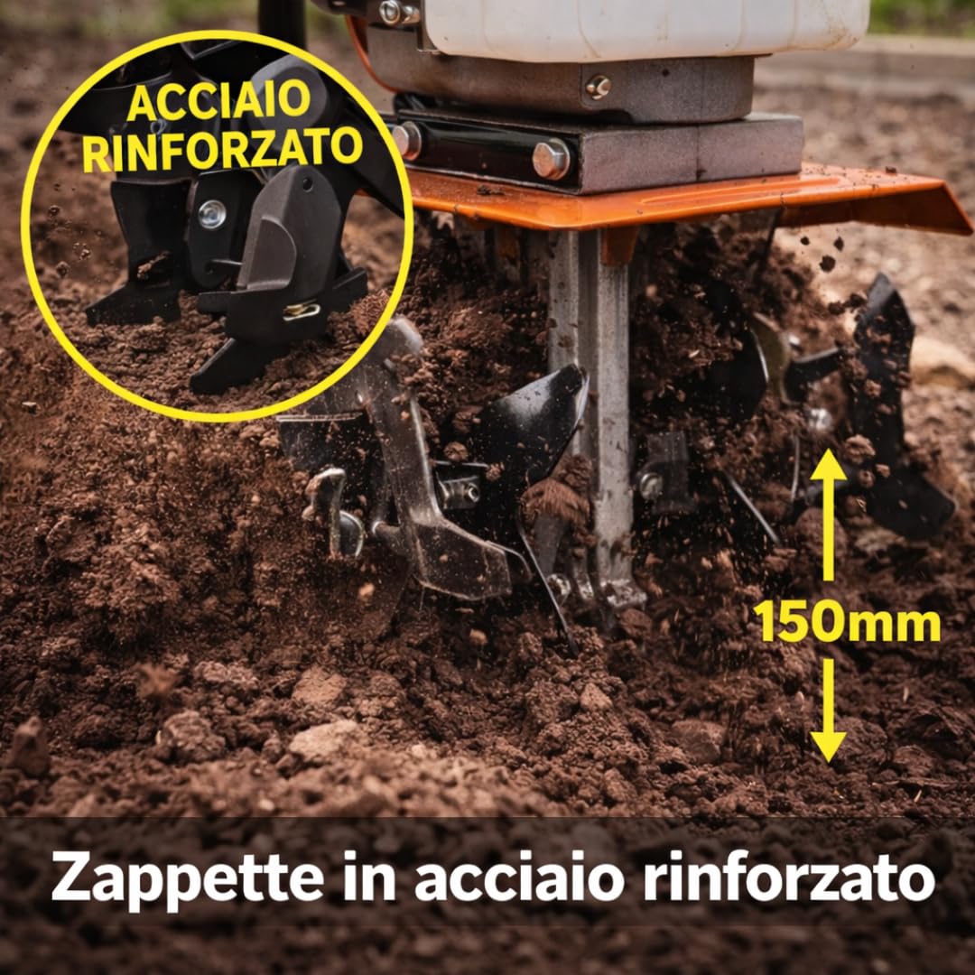 Motozappa a Scoppio 52cc Motocoltivatore 2 Tempi Zappatrice per Giardino Orto Larghezza 300 mm Profondità 150 mm Zappette Acciaio