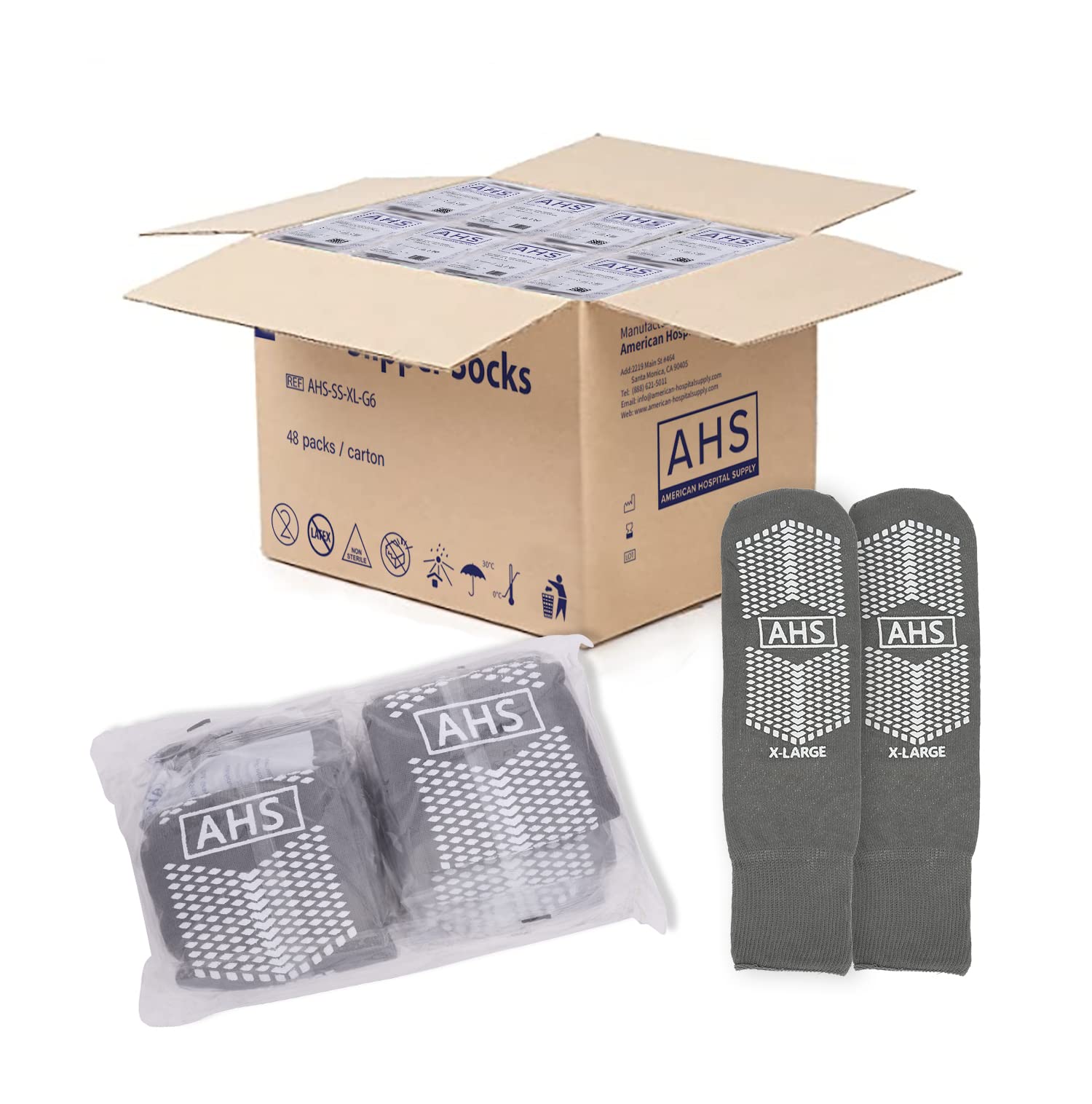 AMERICAN HOSPITAL SUPPLY Grip Socks | X-Large Dual Treaded Hospital Socks with Elastic Cuff Grip Socks for Women and Men Slipper Socks | Gray Non Skid Socks Case of 48 Pairs