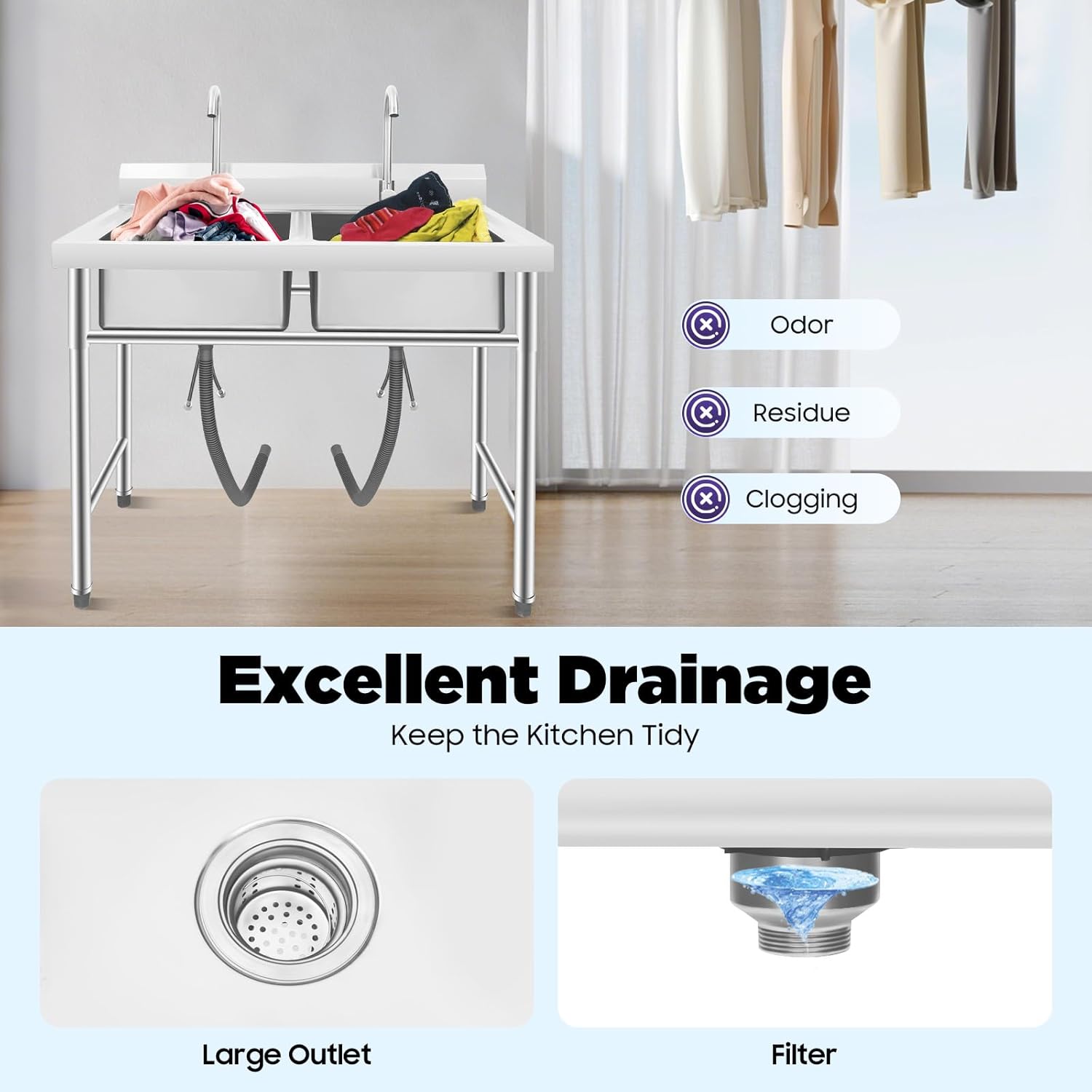 2-Compartment Commercial Utility Sink Stainless Steel Freestanding Laundry Sink with 360° Rotating Faucets Outdoor Kitchen Sink for Garage, Restaurant, Kitchen, Laundry Room 36"W x 21"D x 40"H