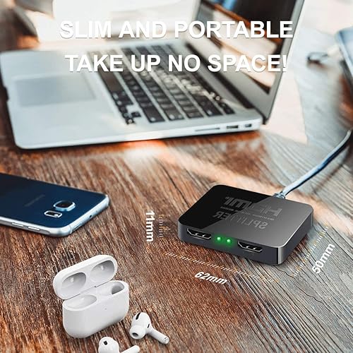 Miniatura 5 de Divisor HDMI 1 en 2 salidas 4K, divisor HDMI para monitores duales, divisor HDMI 1 a 2 amplificador compatible con Full HD 1080P 3D, para Xbox, PS4