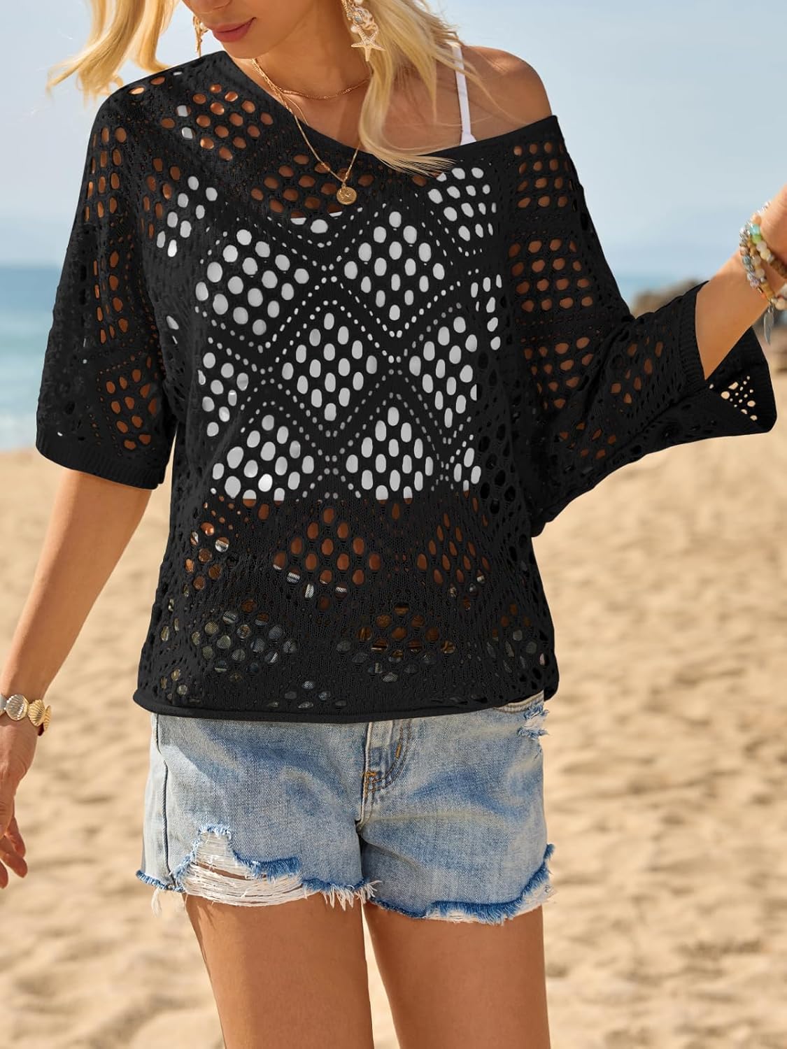 Fisoew Womens Crochet Cover Up Tops Summer Short Sleeve Hollow Out Sweater Shirts Boho Beach Swimsuit Coverups - Image 5