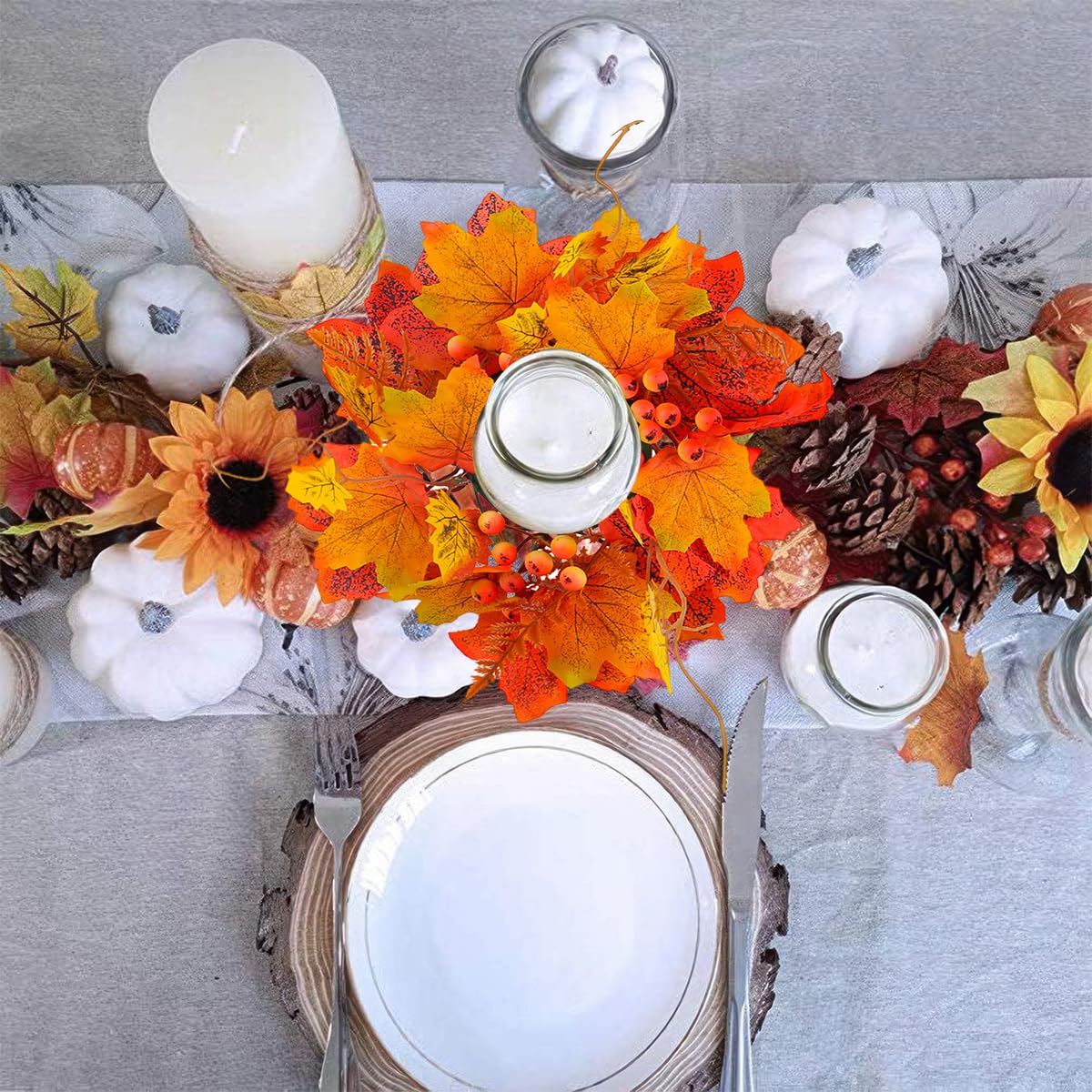Fall Candle Rings With Maple Leaves - Thanksgiving Table Decor With Artificial Berries For Centerpieces