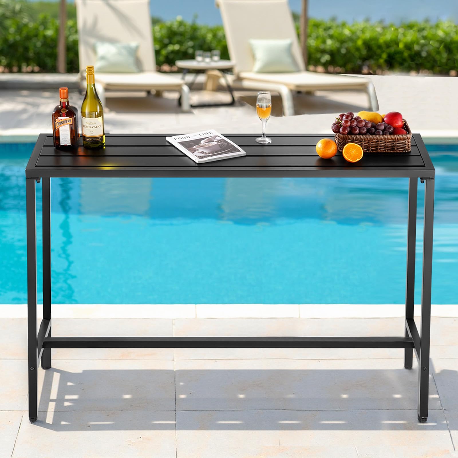 VEVOR Table de Bar Haute Extérieur, 140 x 37,5 cm, Table à Manger Rectangulaire, avec Plateau Étanche, Structure en Métal Robuste, Mobilier de Jardin pour Patio, Terrasse, Bord de Piscine, Intérieur