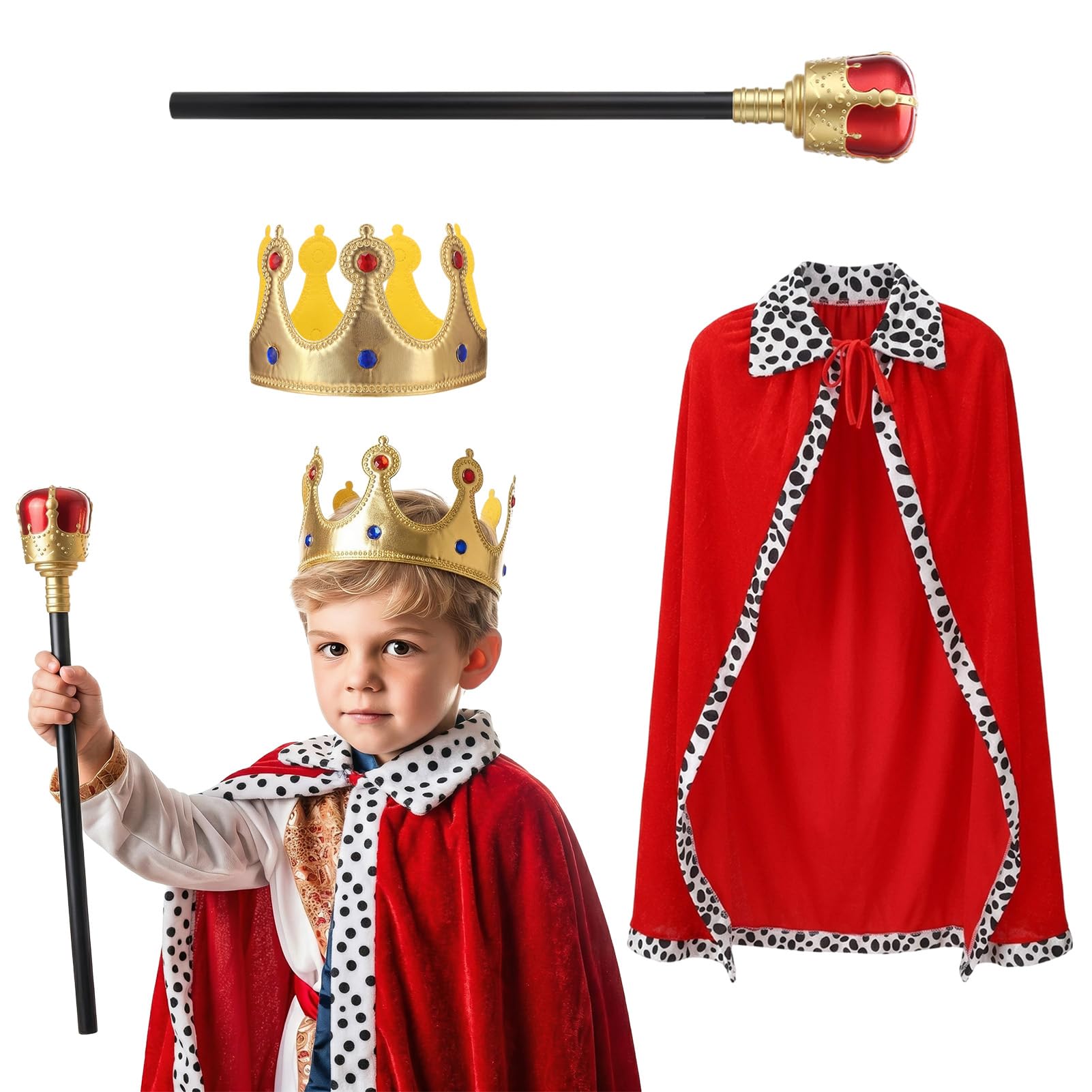 GSrenyu 3 Pcs King Costume Set for Kids with Crown, 42 cm Sceptre, 80 cm Cape, Kids King & Prince Charming Medieval Costume for Birthday Party, Theme Fancy Dress, Halloween, Carnival Red