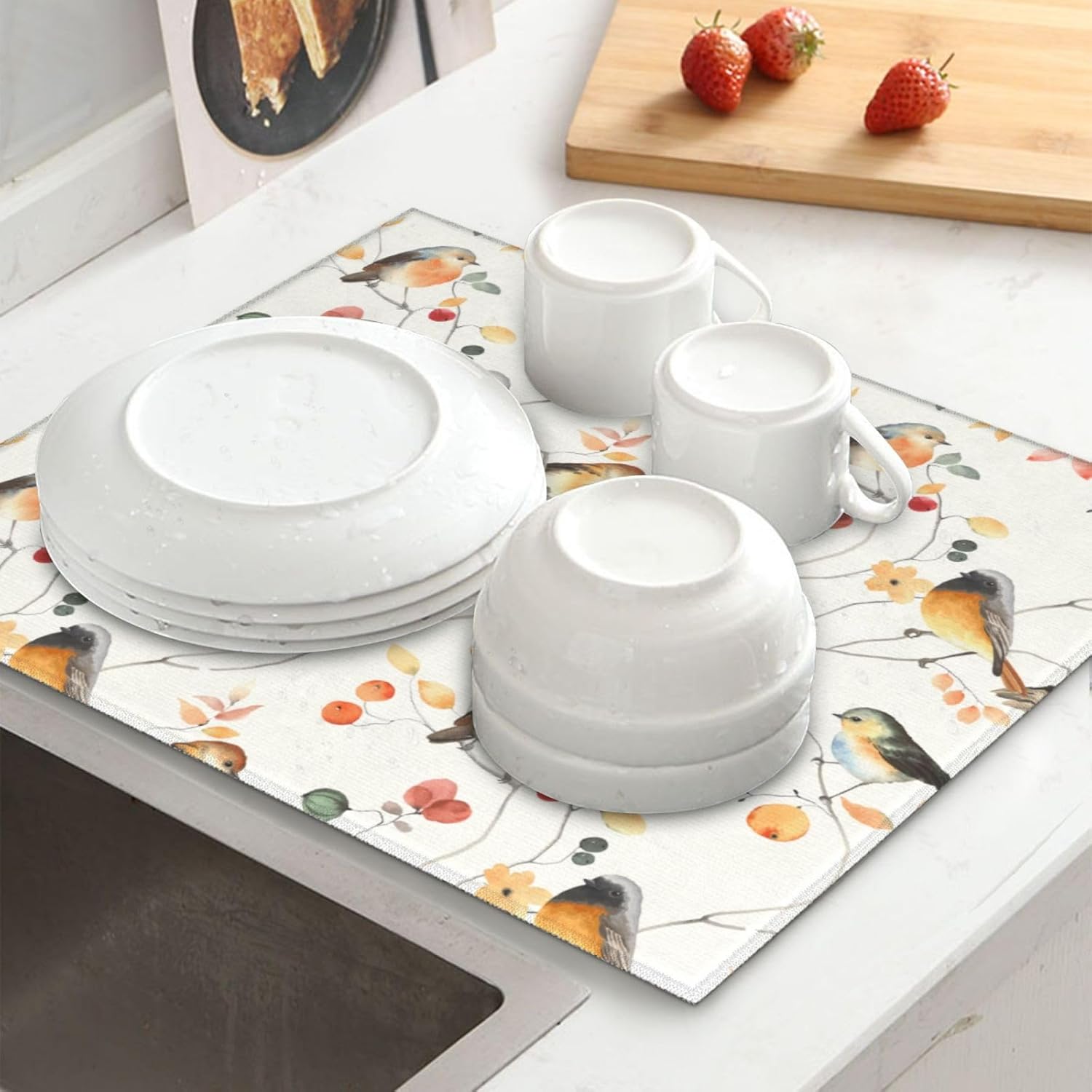 Tapete De Secado De Platos Con Estampado De Madera, De 16 X 18 Pulgadas, Absorbente Y Reversible De Microfibra Para Cocina Cafe Bar Encimera