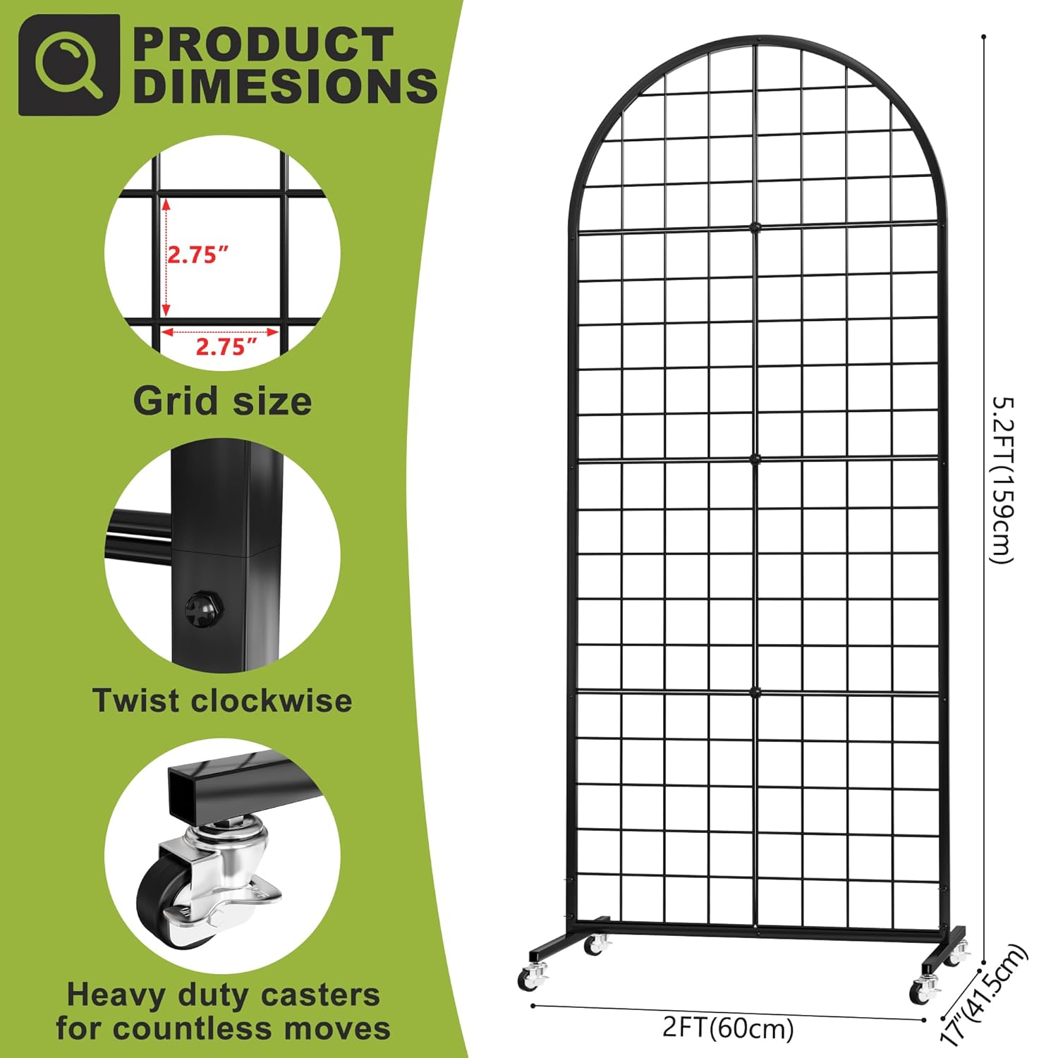 Grid Wall Panel 1PCS Display Stand 2' x 5.2' FT Black Grid Wall Panels Movable Retail Display Racks Floorstanding Gridwall Heavy Duty with Wheel for Art Craft Photo Displays Fair Trade Show