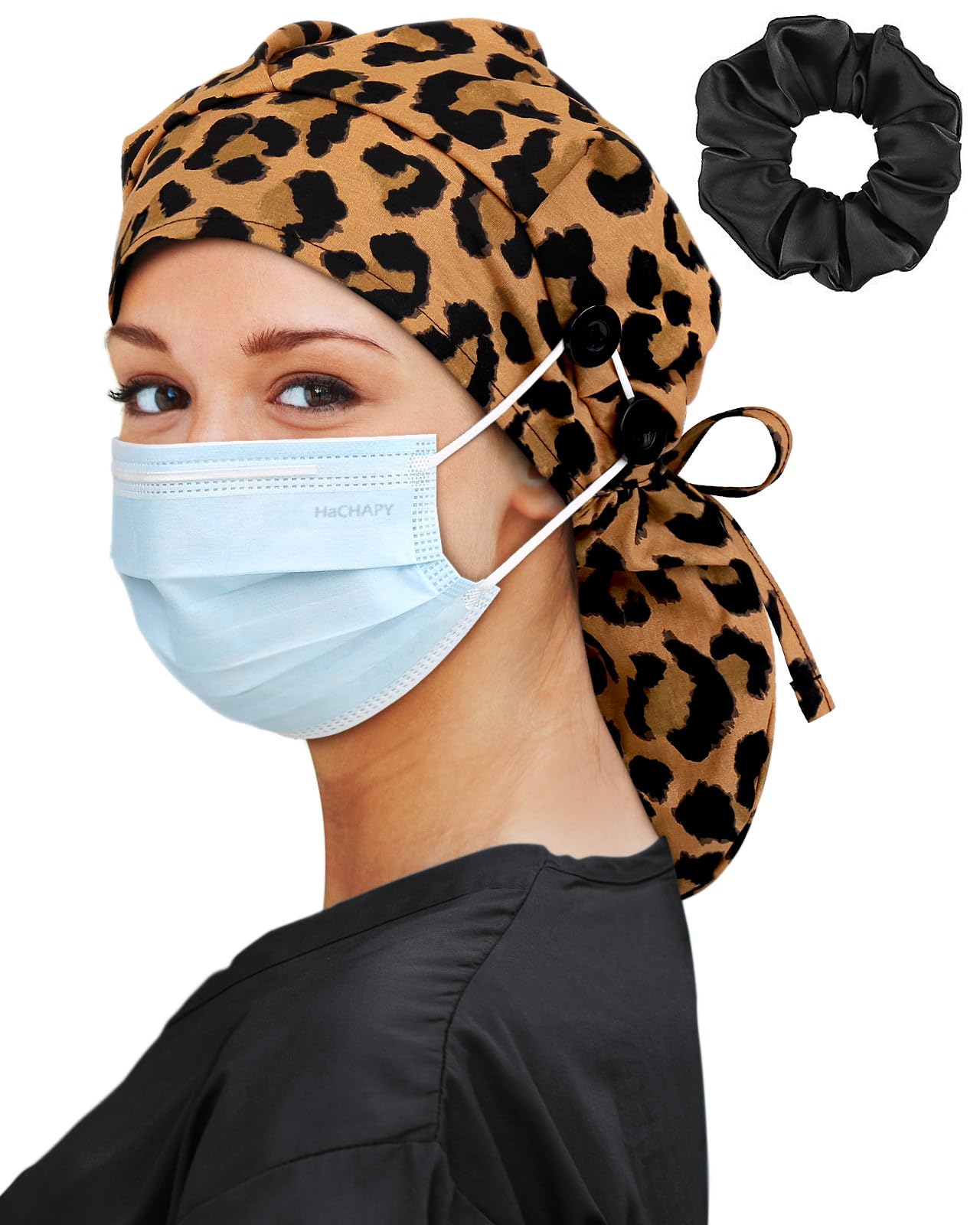 Satin Lined Scrub Cap for Women Extra Large Long Hair Surgical Nurse Cap 4 Buttons