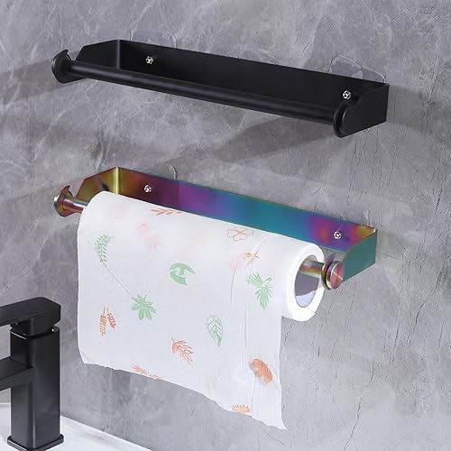 Miniatura 4 de Soporte para toallas de papel debajo del gabinete para cocina, soporte para rollo de papel de acero inoxidable SUS304, arco iris autoadhesivo o