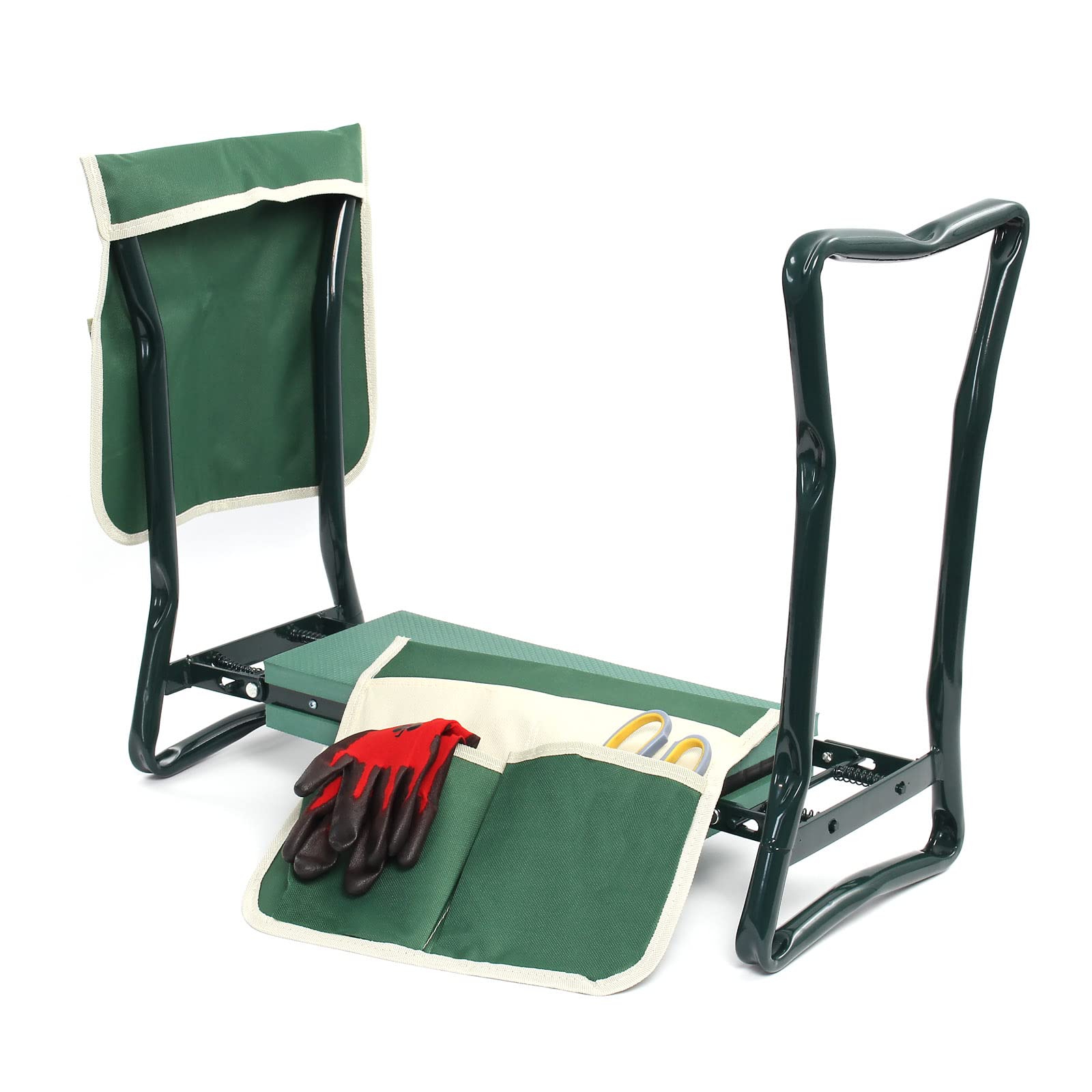 Tabouret de Jardinier 2 en 1 – 650 x 270 x 490 mm – Capacité 150 kg – en Fer et EVA – Agenouilloir de Jardinage Pliable avec 2 Poches, Assise rembourrée, Siège Jardinier