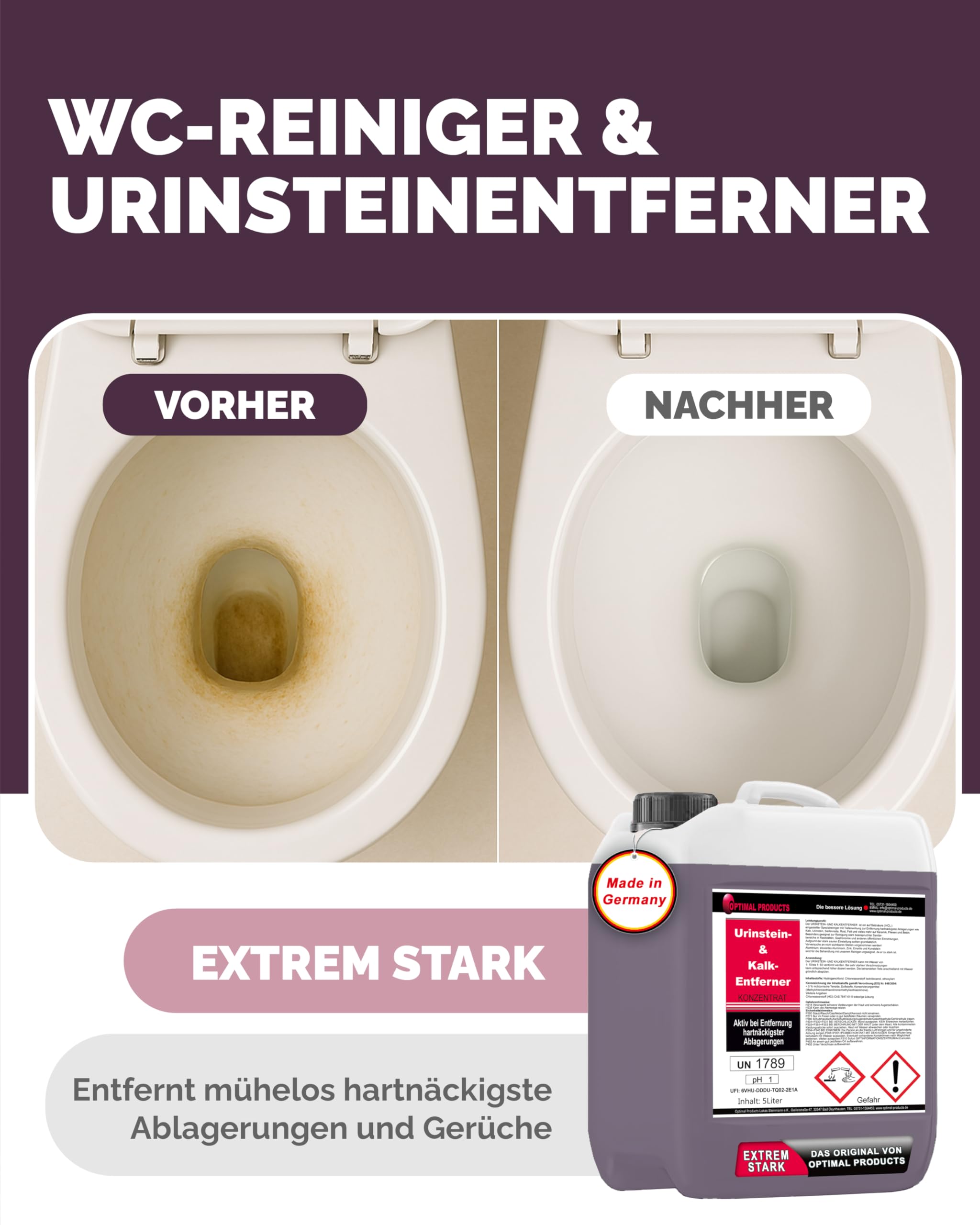 Optimal Products Urinsteinentferner extra stark 5L - Kraftvoller WC Reiniger, Entfernt hartnäckigste Ablagerungen im Sanitärbereich wie Urinstein & Kalkstein